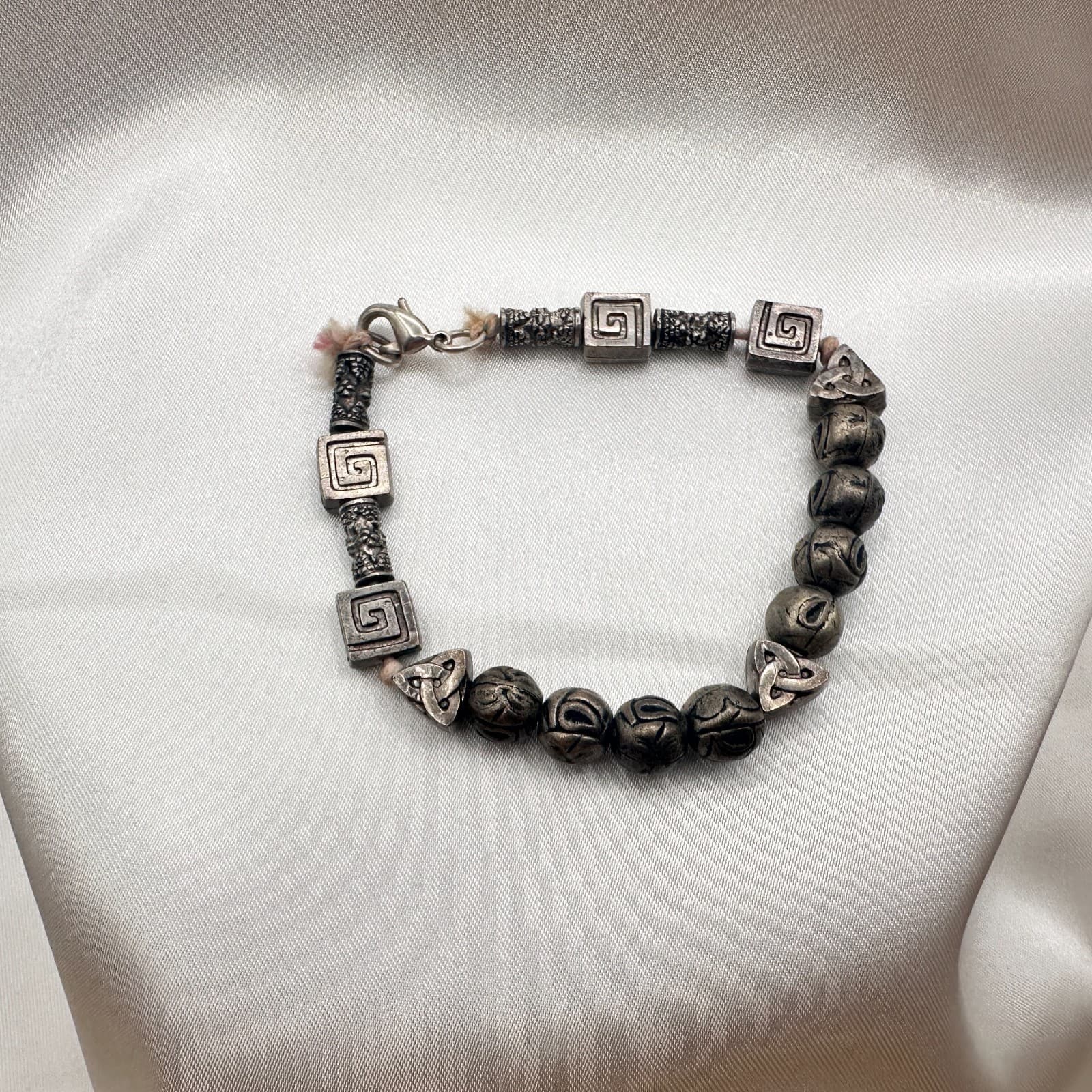Vintage 80s Silver Tone Celtic Knot Runes Beaded Bracelet Statement Jewelry - Thumbnail 2