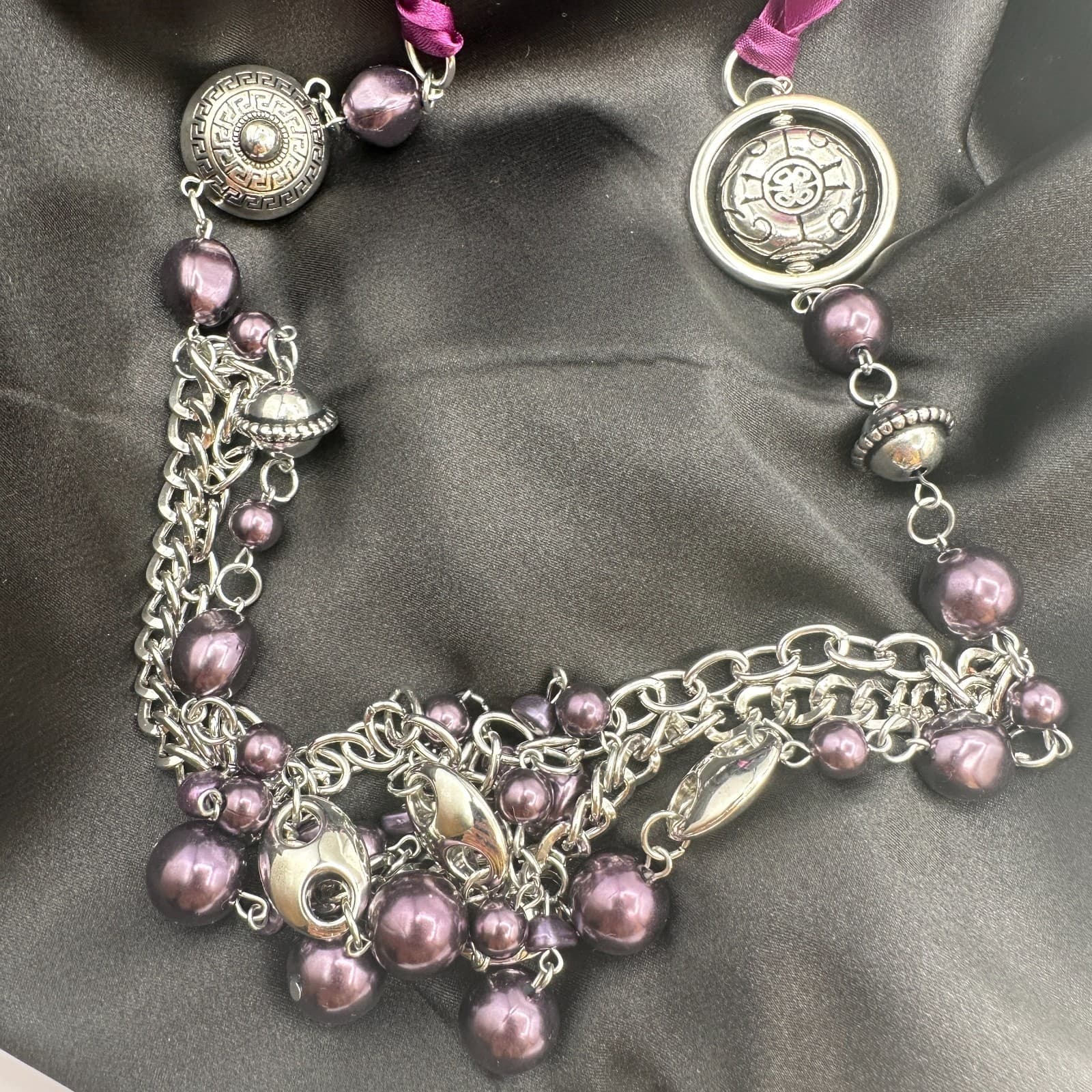 Vintage 90s Paparazzi Purple Faux Pearl Ribbon SilverTone Necklace & Earring Set - Thumbnail 9