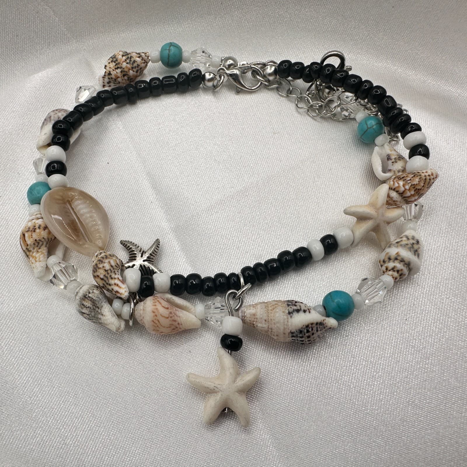 Vintage 90s Seashell Starfish Glass Beads Bracelets Set Beach Fashion Jewelry - Thumbnail 3