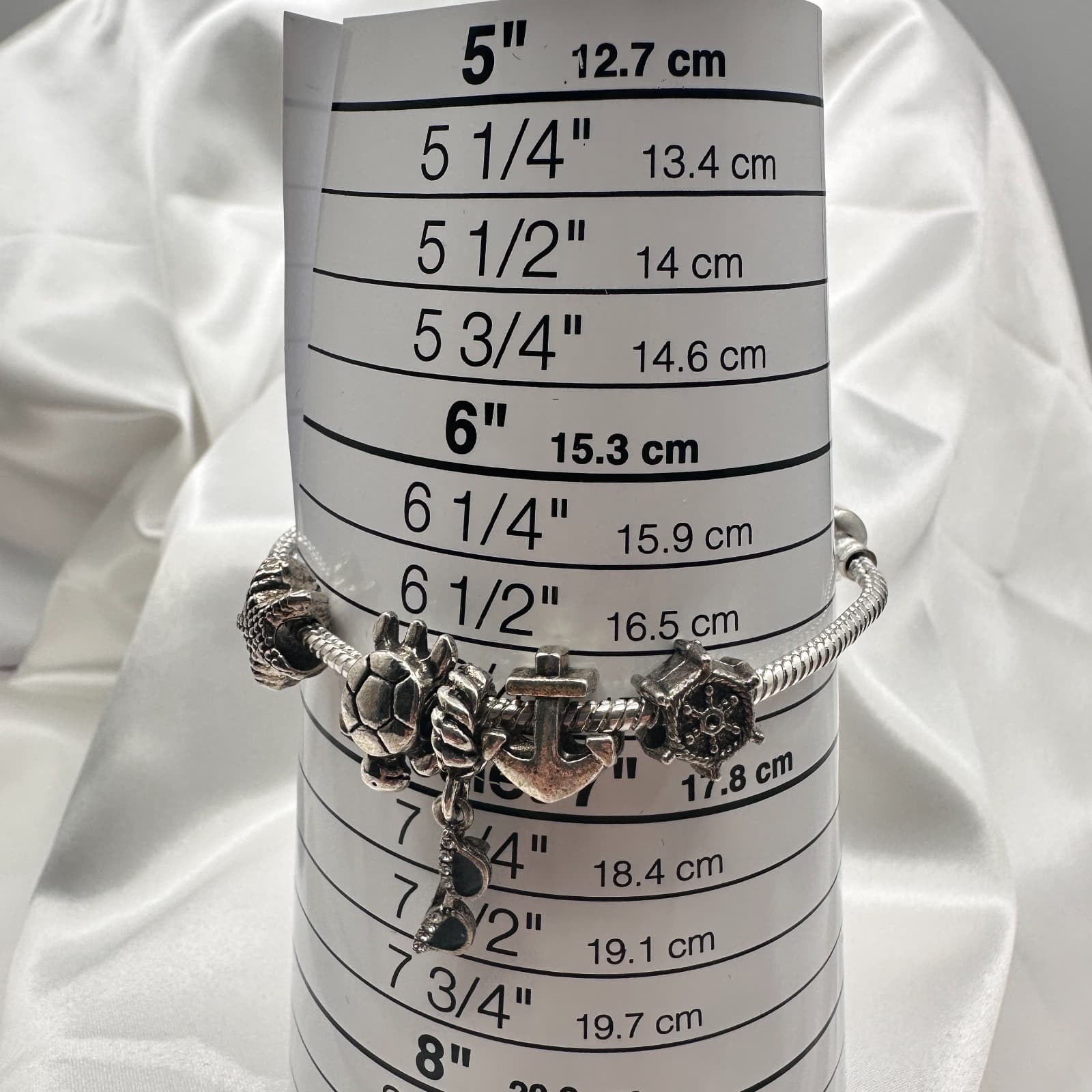 Vintage 80s Beach Charm Bracelet Silver Tone Starfish Turtle Ship Wheel Jewelry - Thumbnail 6