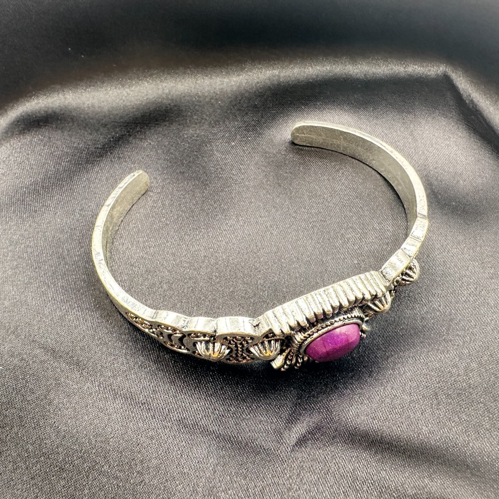 Vintage 80s Silver Tone Oval Amethyst Cabochon Cuff Bangle Southwestern Jewelry - Thumbnail 7