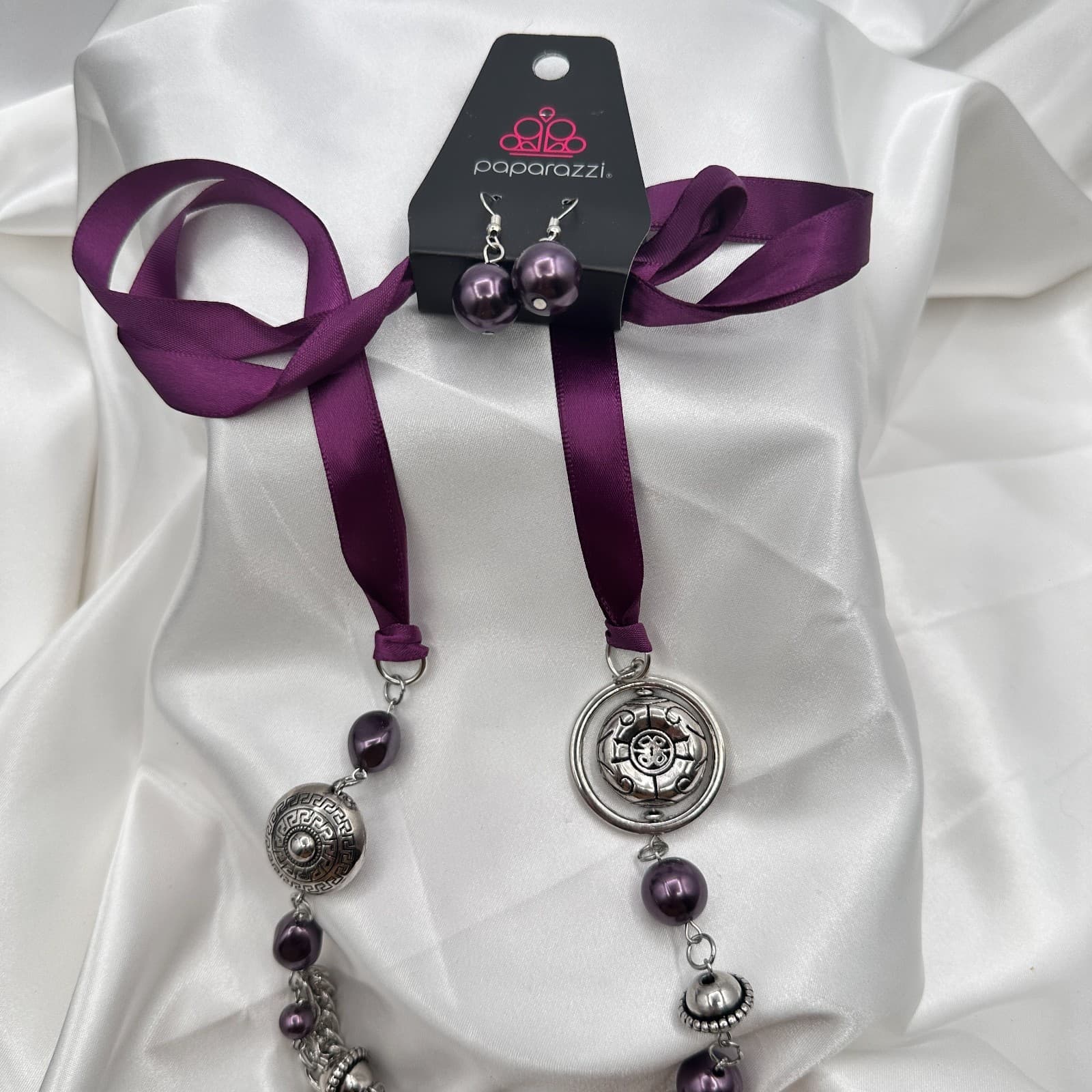 Vintage 90s Paparazzi Purple Faux Pearl Ribbon SilverTone Necklace & Earring Set - Thumbnail 7