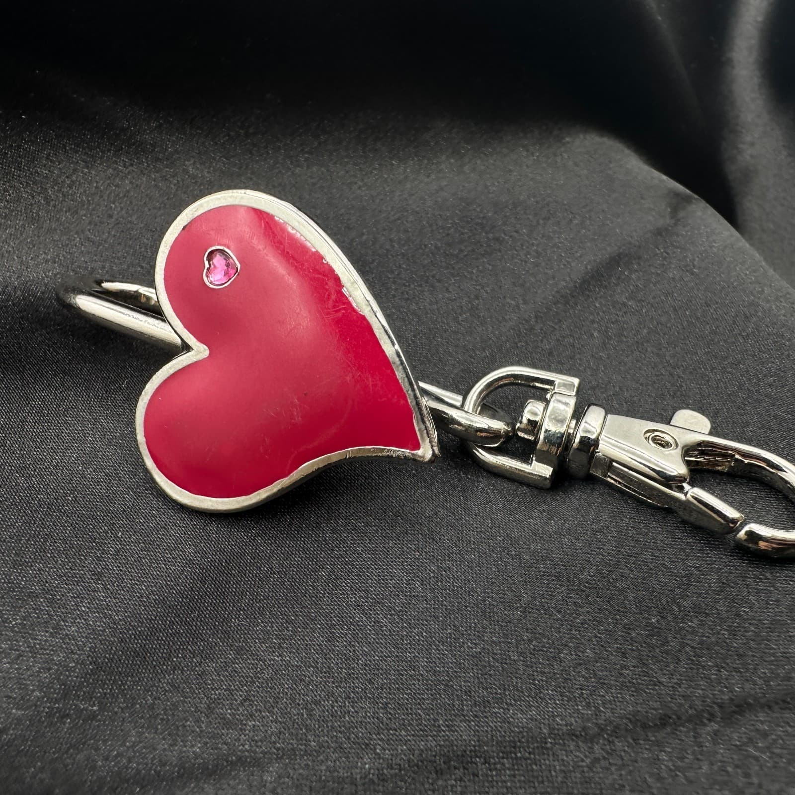 Vintage 80s Red Enamel Heart Charm Keychain Silver Tone Swivel Clip Bag Jewelry - Thumbnail 7