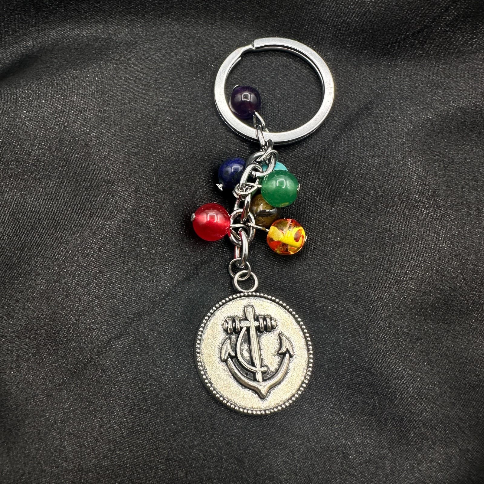 Vintage 80s 7 Chakra Healing Stone Keychain Yoga Reiki Anchor Charm Gift Jewelry - Thumbnail 7