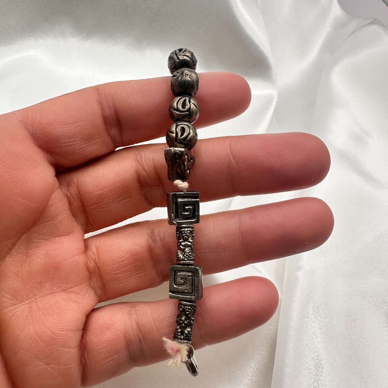 Vintage 80s Silver Tone Celtic Knot Runes Beaded Bracelet Statement Jewelry - Thumbnail 5