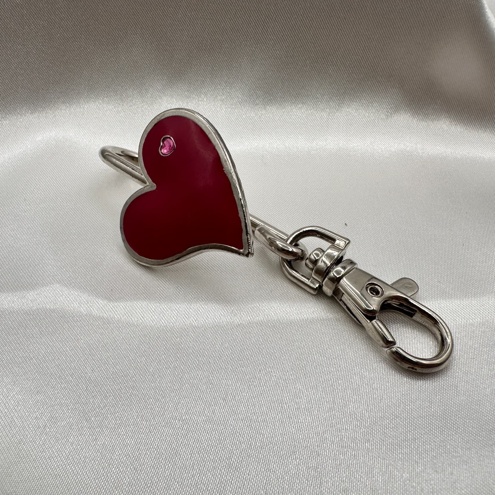 Vintage 80s Red Enamel Heart Charm Keychain Silver Tone Swivel Clip Bag Jewelry - Image 1