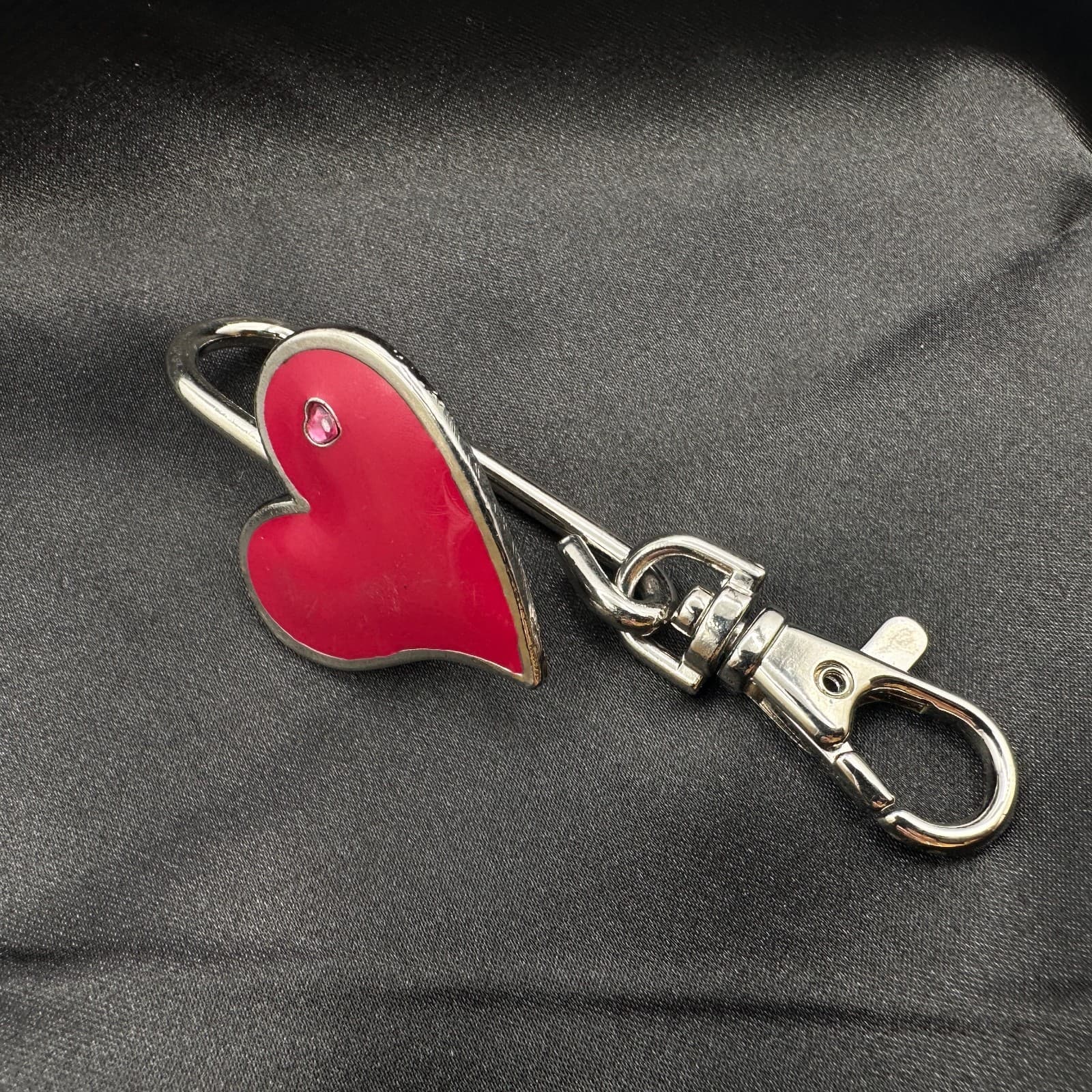Vintage 80s Red Enamel Heart Charm Keychain Silver Tone Swivel Clip Bag Jewelry - Thumbnail 6