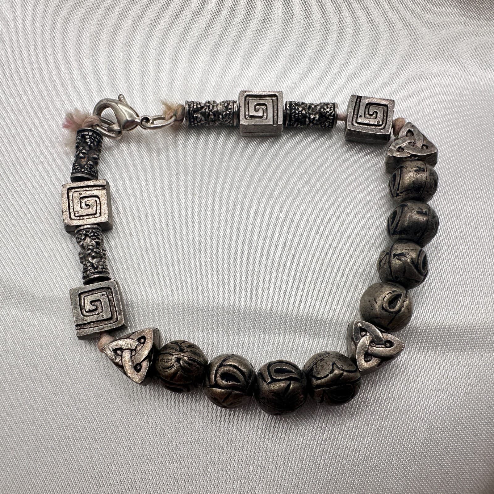 Vintage 80s Silver Tone Celtic Knot Runes Beaded Bracelet Statement Jewelry - Thumbnail 3