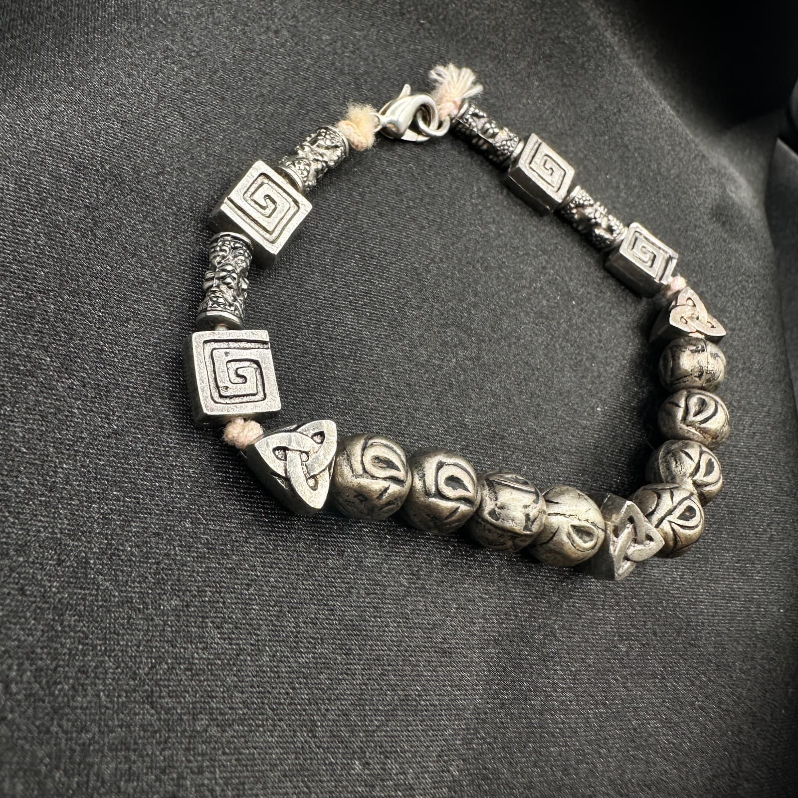 Vintage 80s Silver Tone Celtic Knot Runes Beaded Bracelet Statement Jewelry - Thumbnail 8