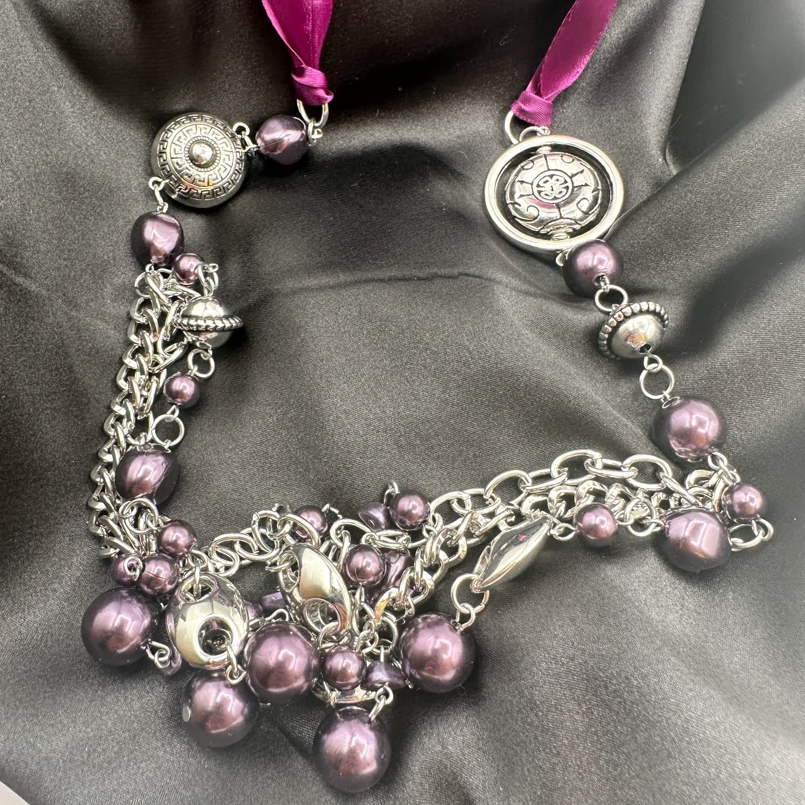 Vintage 90s Paparazzi Purple Faux Pearl Ribbon SilverTone Necklace & Earring Set - Thumbnail 8