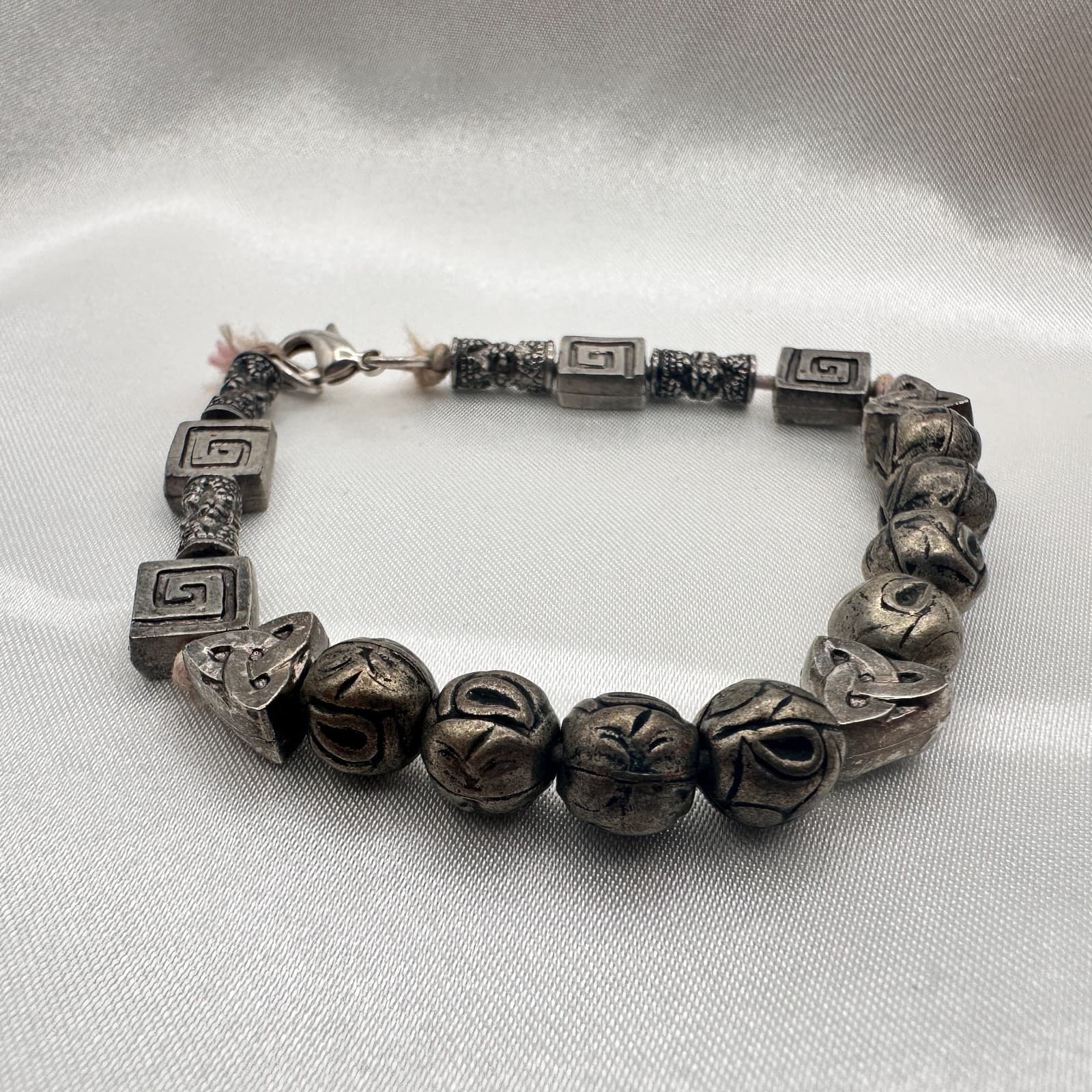 Vintage 80s Silver Tone Celtic Knot Runes Beaded Bracelet Statement Jewelry - Thumbnail 4