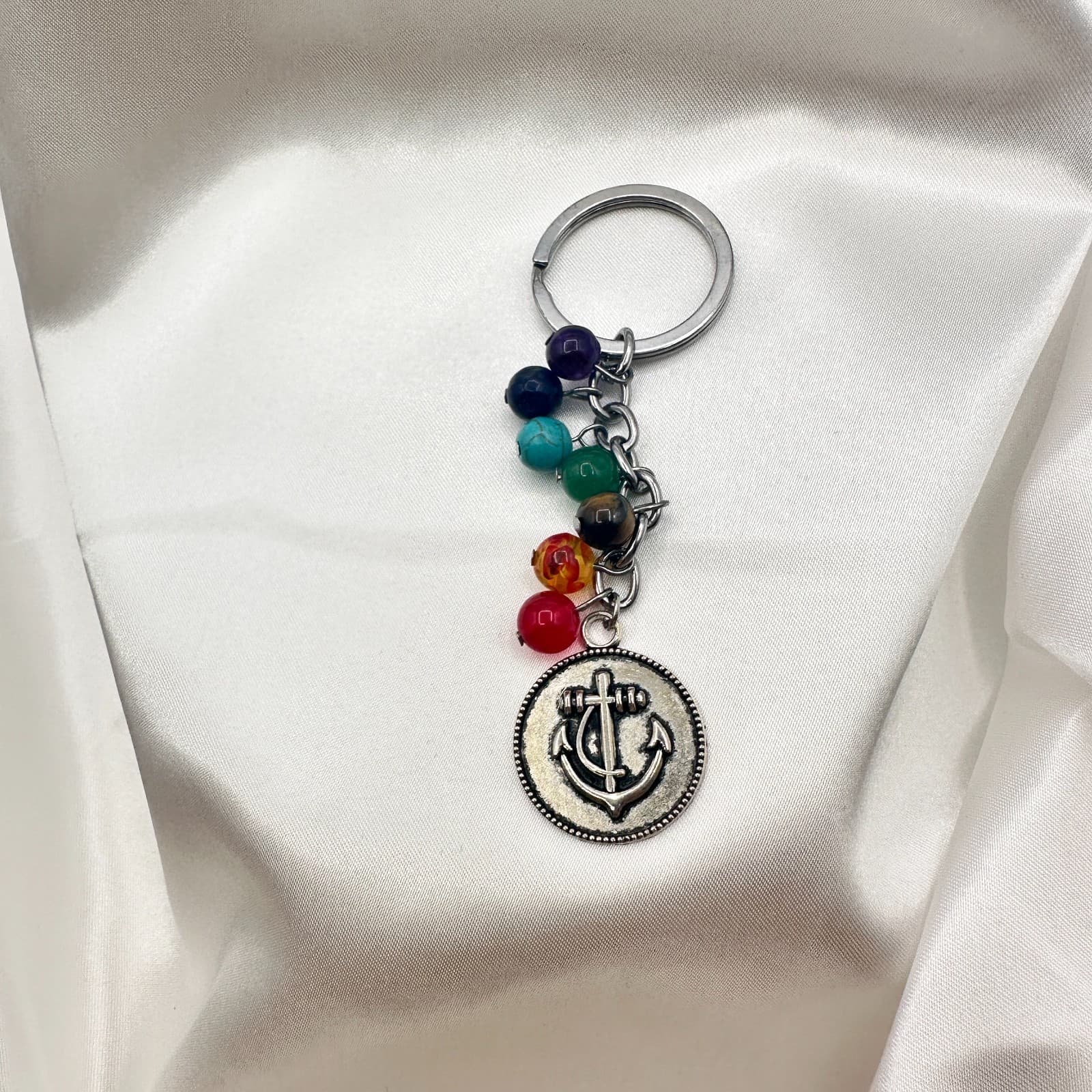 Vintage 80s 7 Chakra Healing Stone Keychain Yoga Reiki Anchor Charm Gift Jewelry - Thumbnail 5