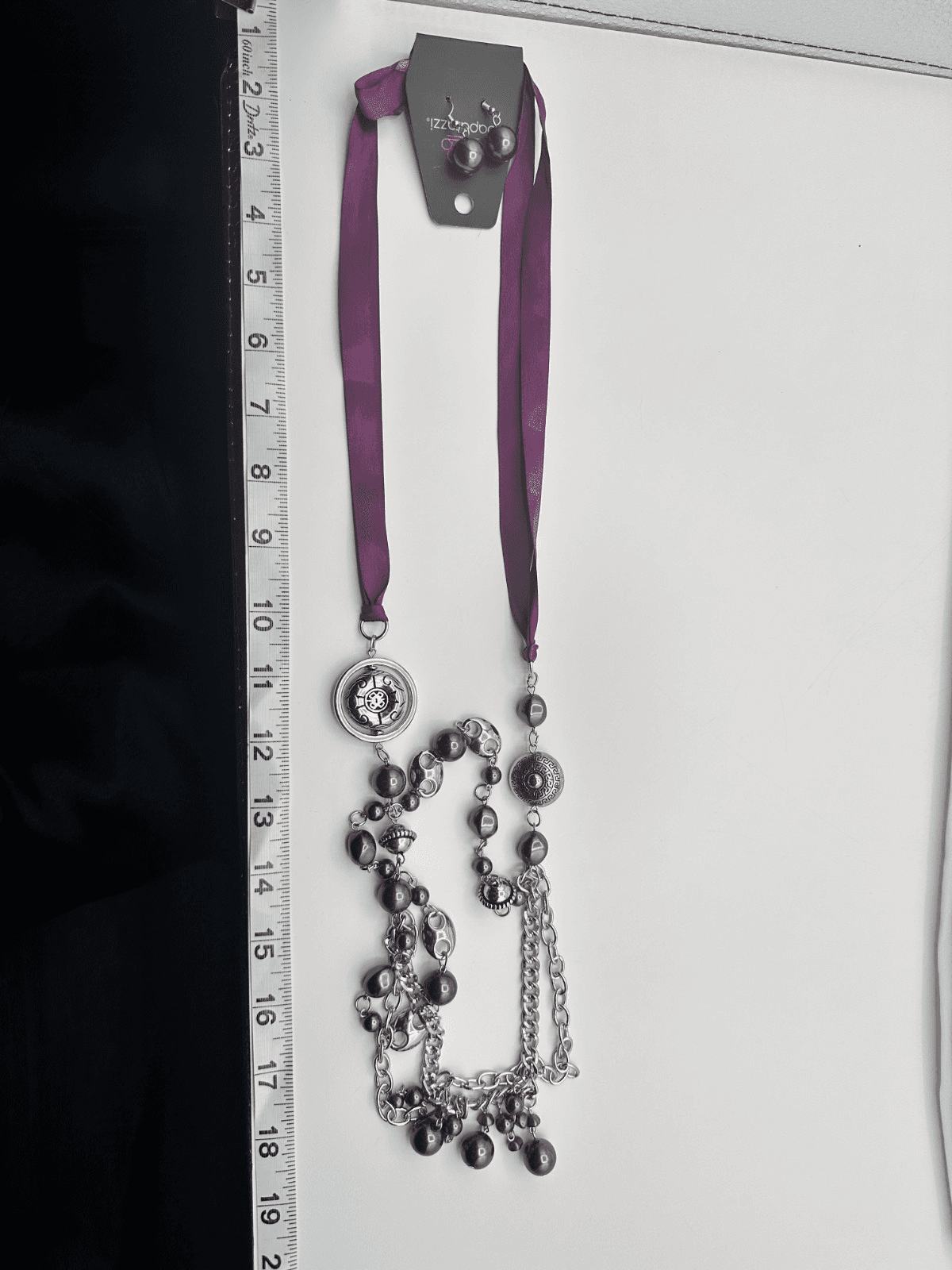 Vintage 90s Paparazzi Purple Faux Pearl Ribbon SilverTone Necklace & Earring Set - Thumbnail 12