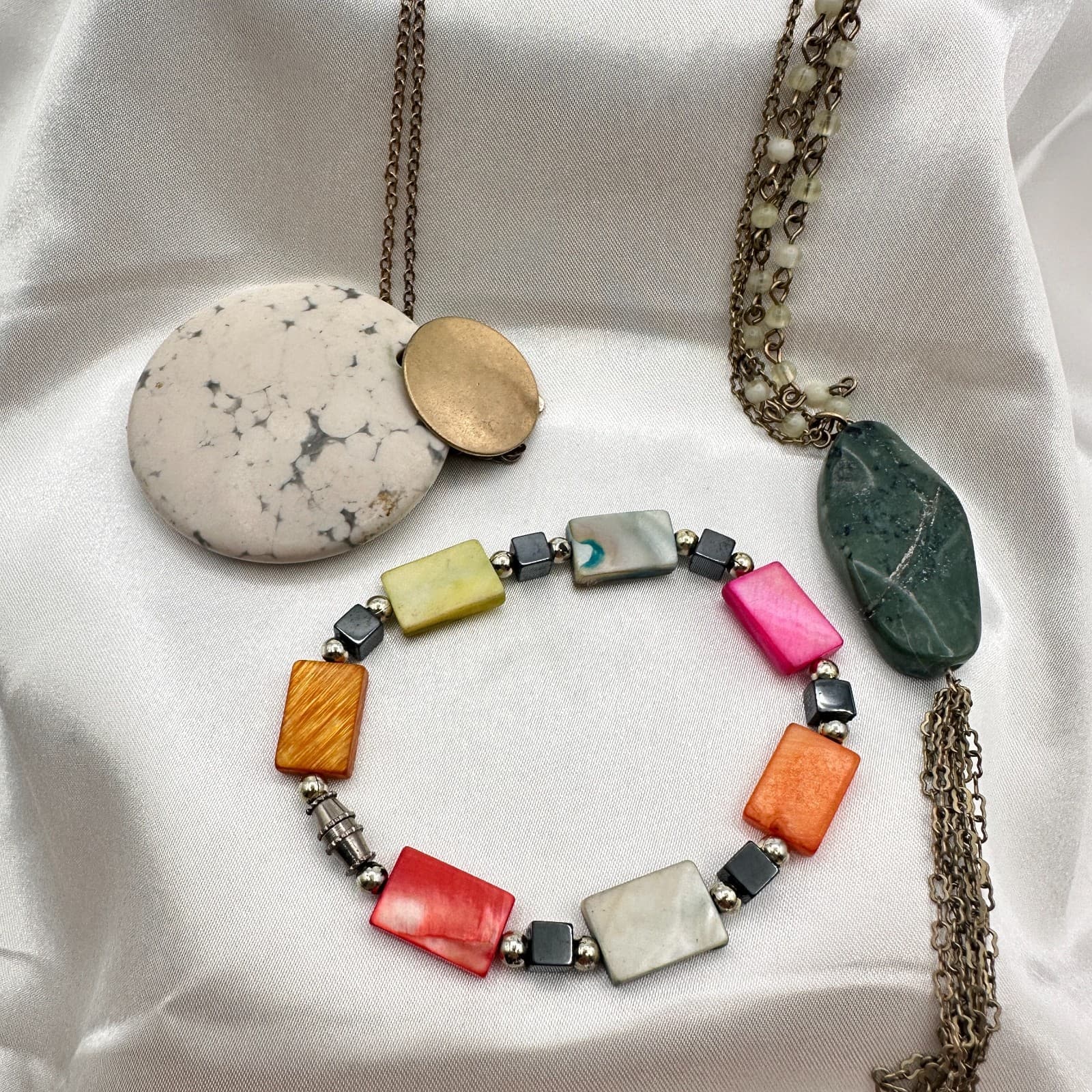 Vintage 90s Colorful Bracelet Necklaces Rectangular Bead Statement Cuff Jewelry - Image 1