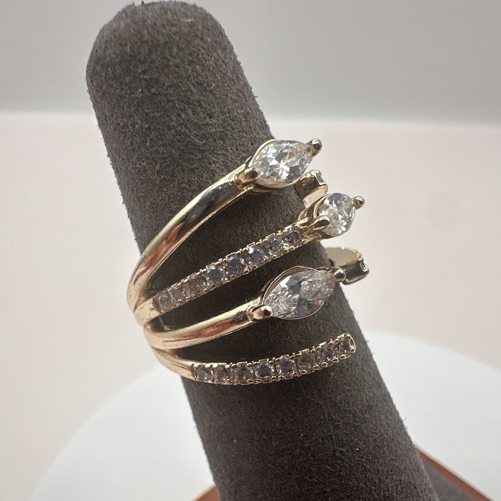 VTG 90s Gold Tone Clear Rhinestone Bypass Spiral Ring Statement Women's Jewelry - Thumbnail 2