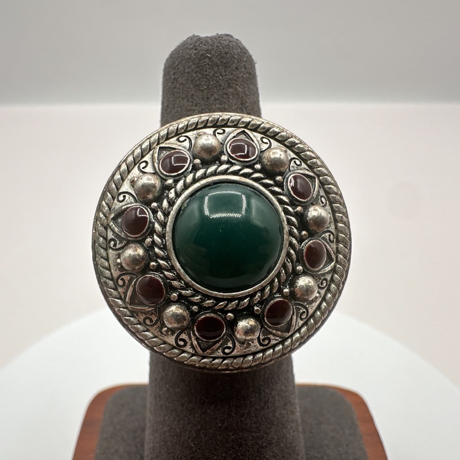 Vintage Y2K Lucky You Silver Tone Engraved Glass Stone Ring Statement Jewelry - Image 1