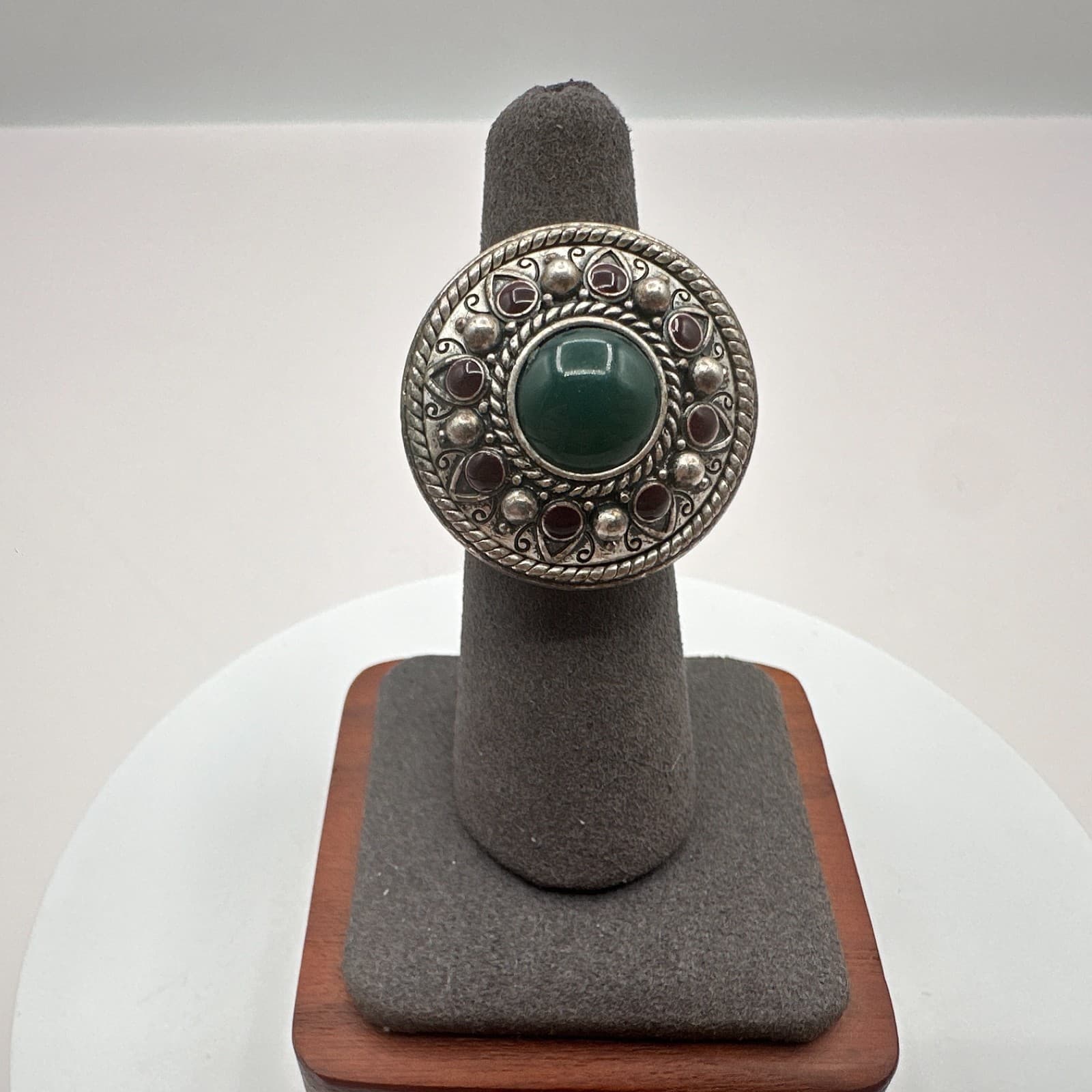 Vintage Y2K Lucky You Silver Tone Engraved Glass Stone Ring Statement Jewelry - Thumbnail 5