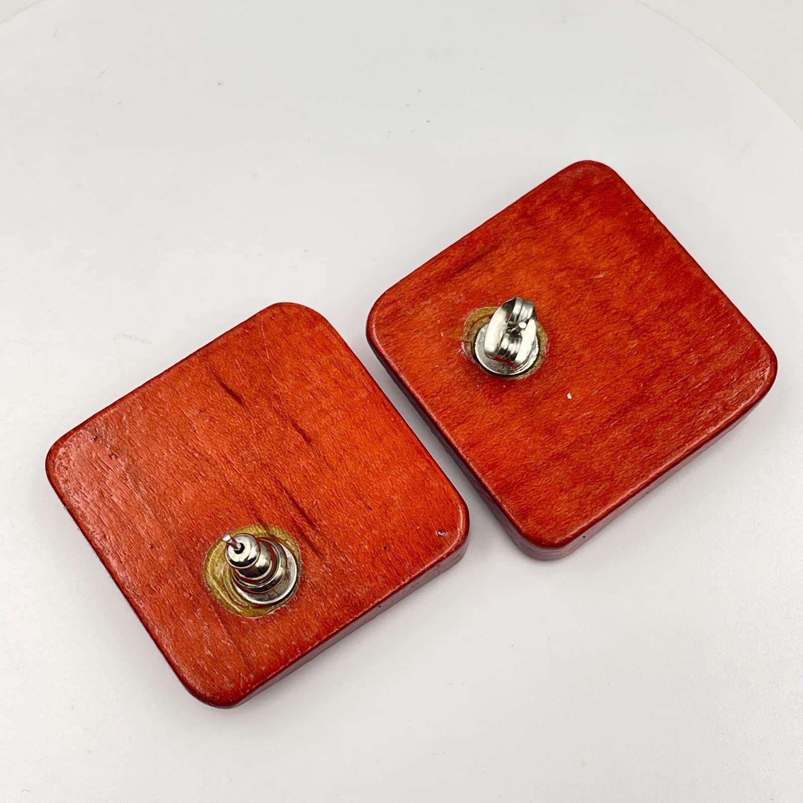 Vintage Y2K Chunky Red Square Wooden Stud Earrings Statement Women's Jewelry - Thumbnail 6