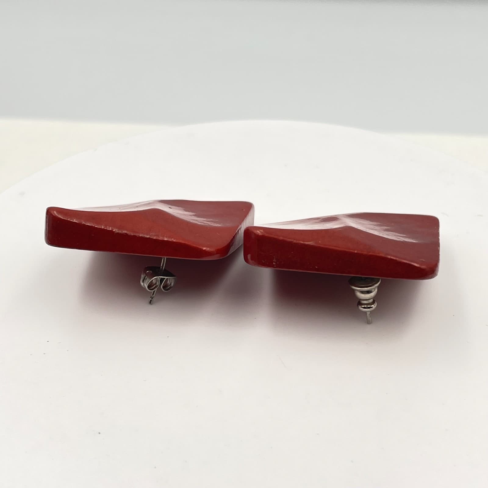 Vintage Y2K Chunky Red Square Wooden Stud Earrings Statement Women's Jewelry - Thumbnail 4