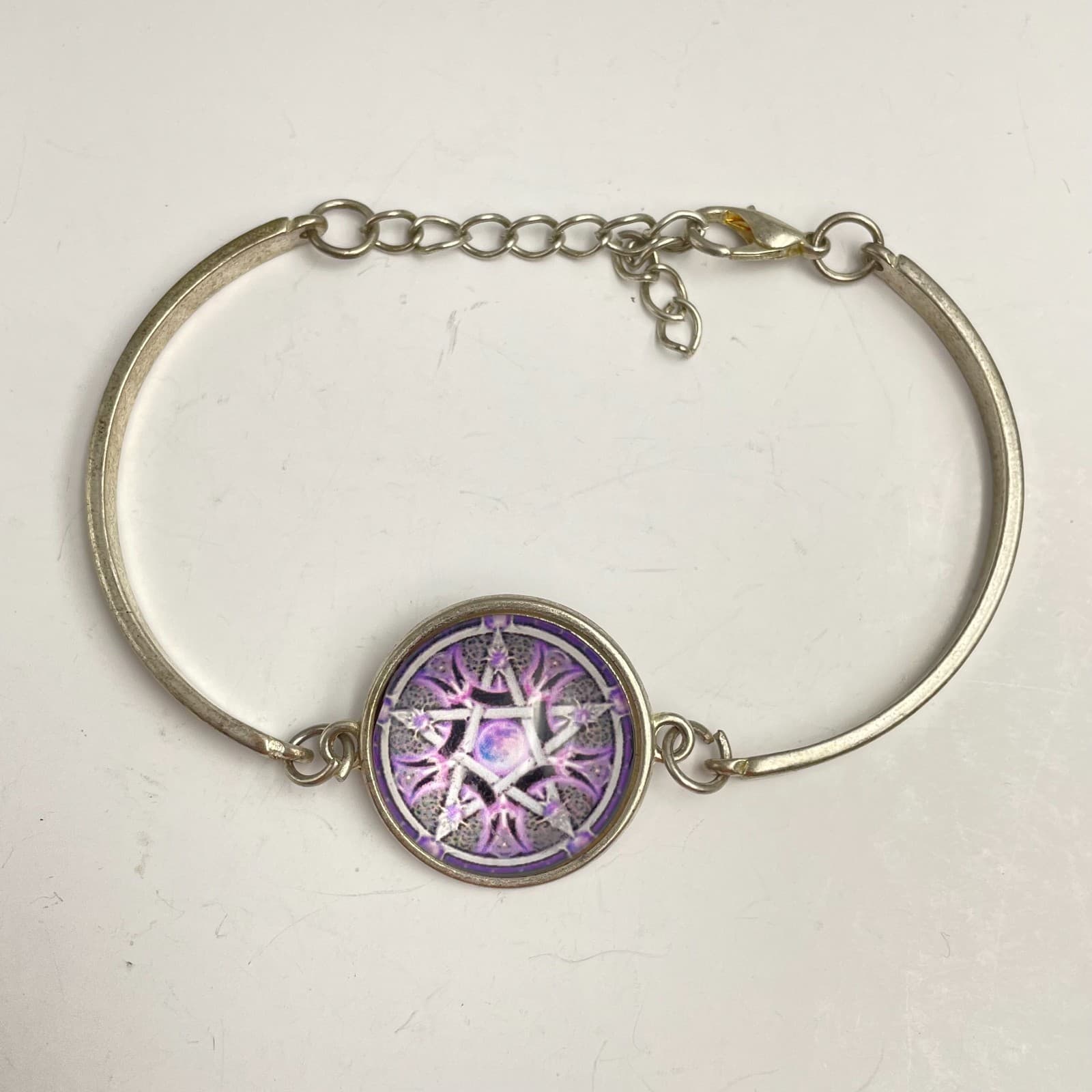 Vintage 90s Pentagram Star Bracelet Purple Glass Silver Tone Bangle Mystical - Image 1