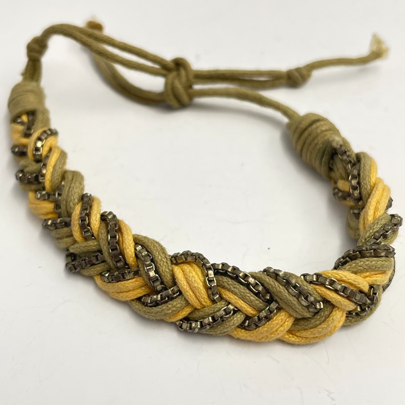 Vintage 90s Braided Cord Bracelet Metal Chain Boho Adjustable Fashion Jewelry - Thumbnail 2