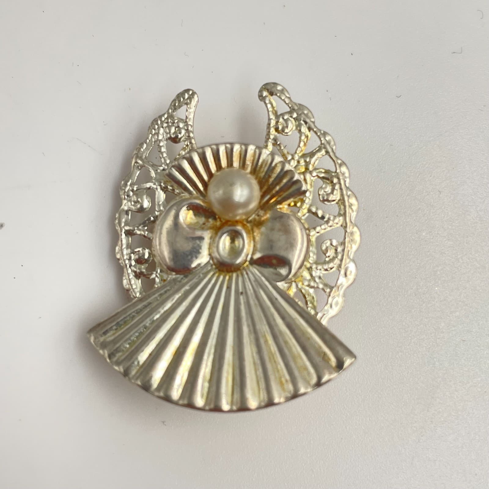 Vintage 90s AOL Silver Tone Faux Pearl Filigree Wings Angel Brooch Pin Jewelry - Image 1