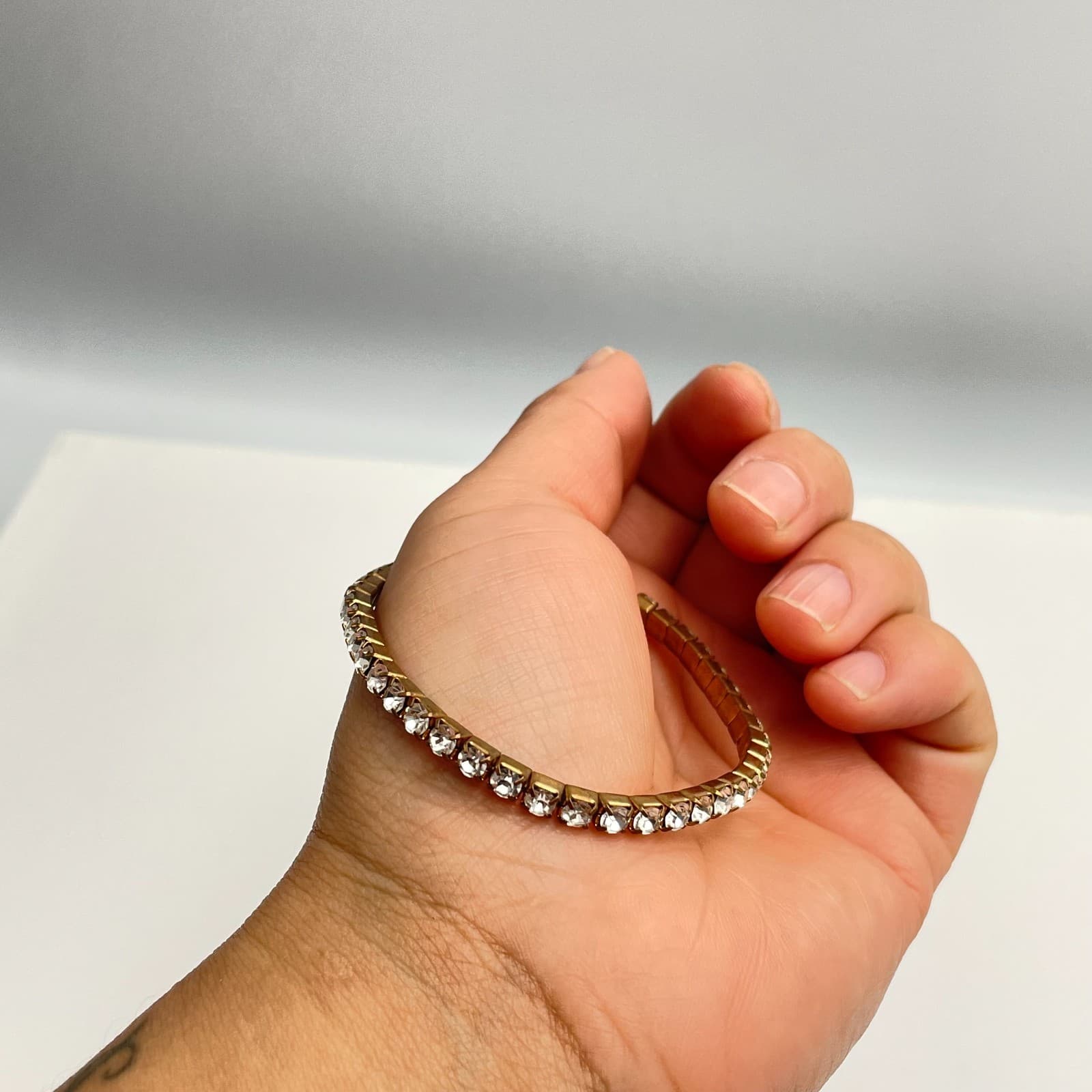 Vintage 90s Gold Tone Clear Glass Tennis Bracelet Minimalist Fashion Jewelry - Thumbnail 4