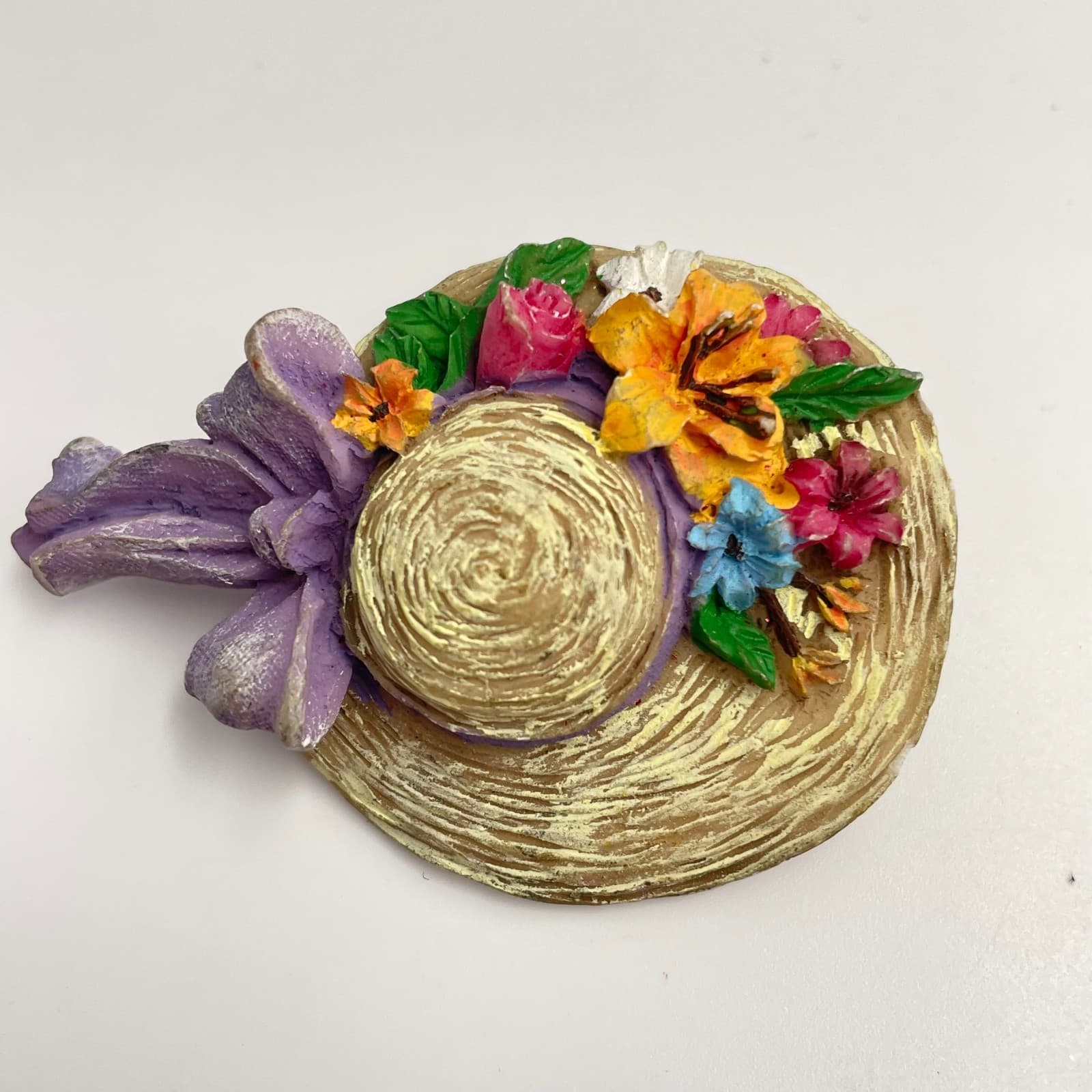 Vintage 90s Garden Floral Straw Hat Lapel Pin Purple Ribbon Women's Jewelry - Image 1