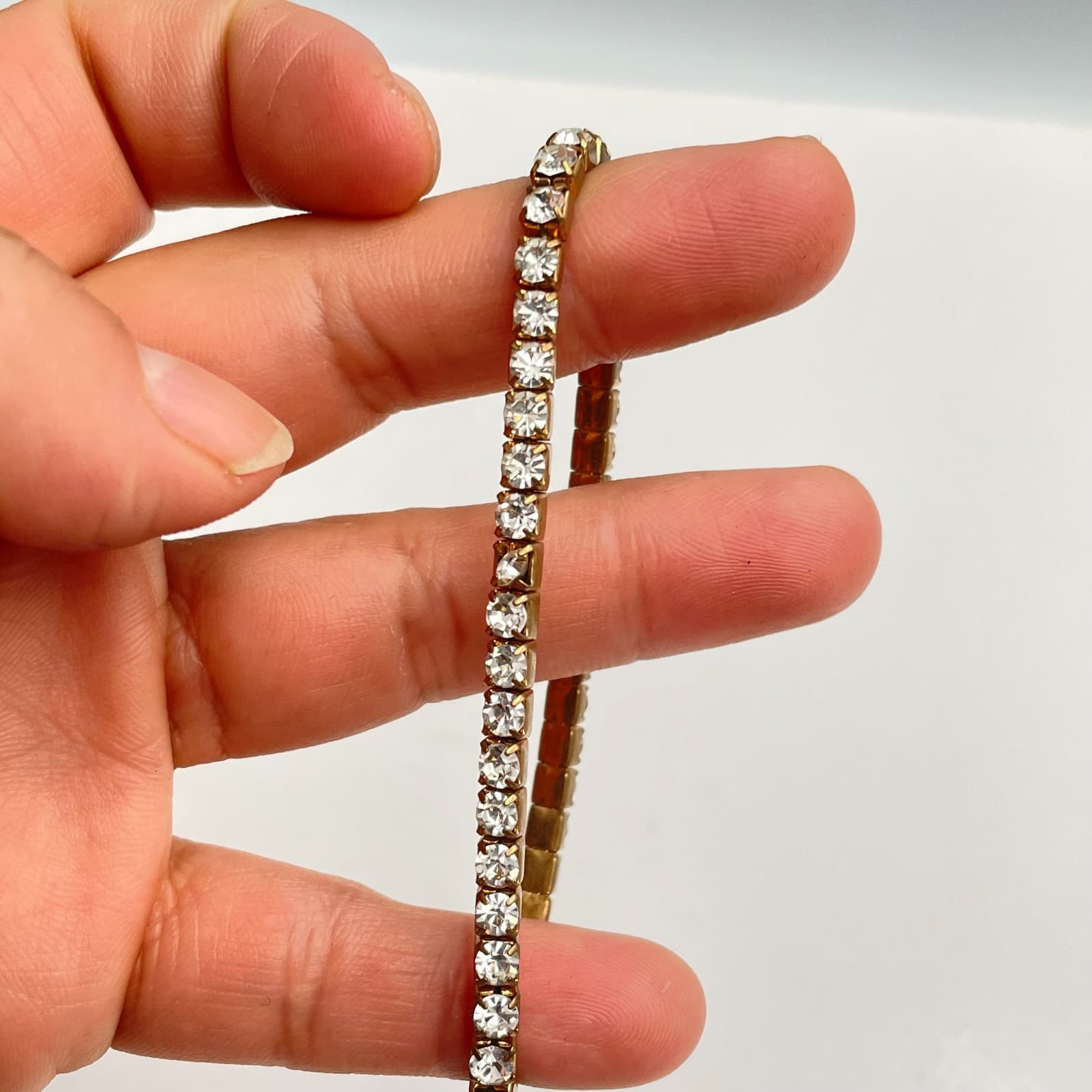 Vintage 90s Gold Tone Clear Glass Tennis Bracelet Minimalist Fashion Jewelry - Thumbnail 2