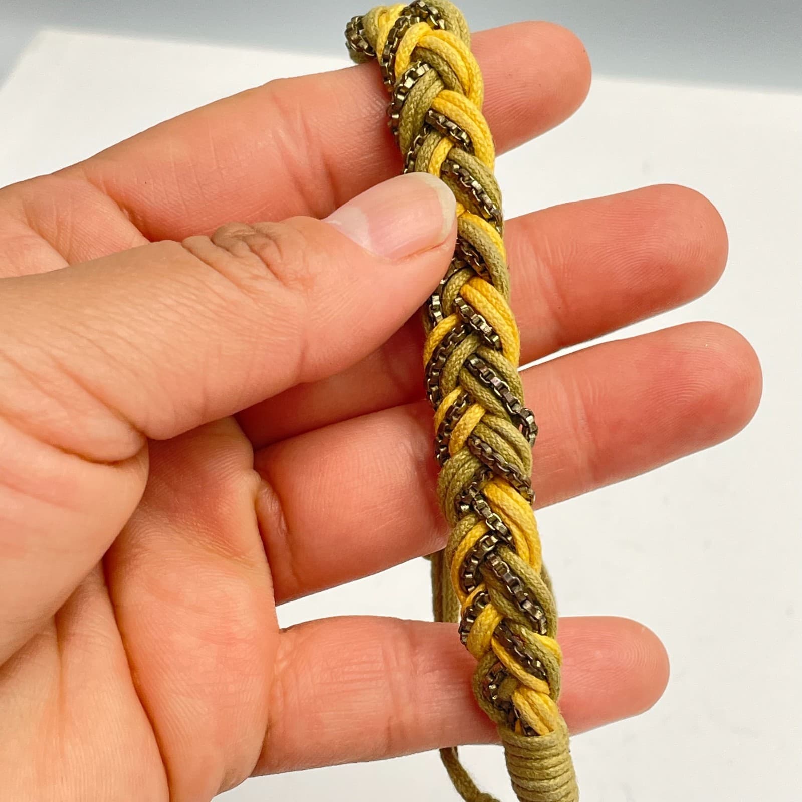 Vintage 90s Braided Cord Bracelet Metal Chain Boho Adjustable Fashion Jewelry - Thumbnail 5