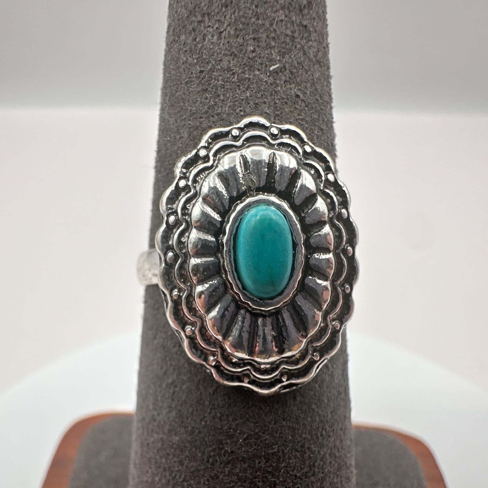 Vintage Y2K Silver Tone Oval Turquoise Ring Statement Women's Classic Jewelry - Thumbnail 2