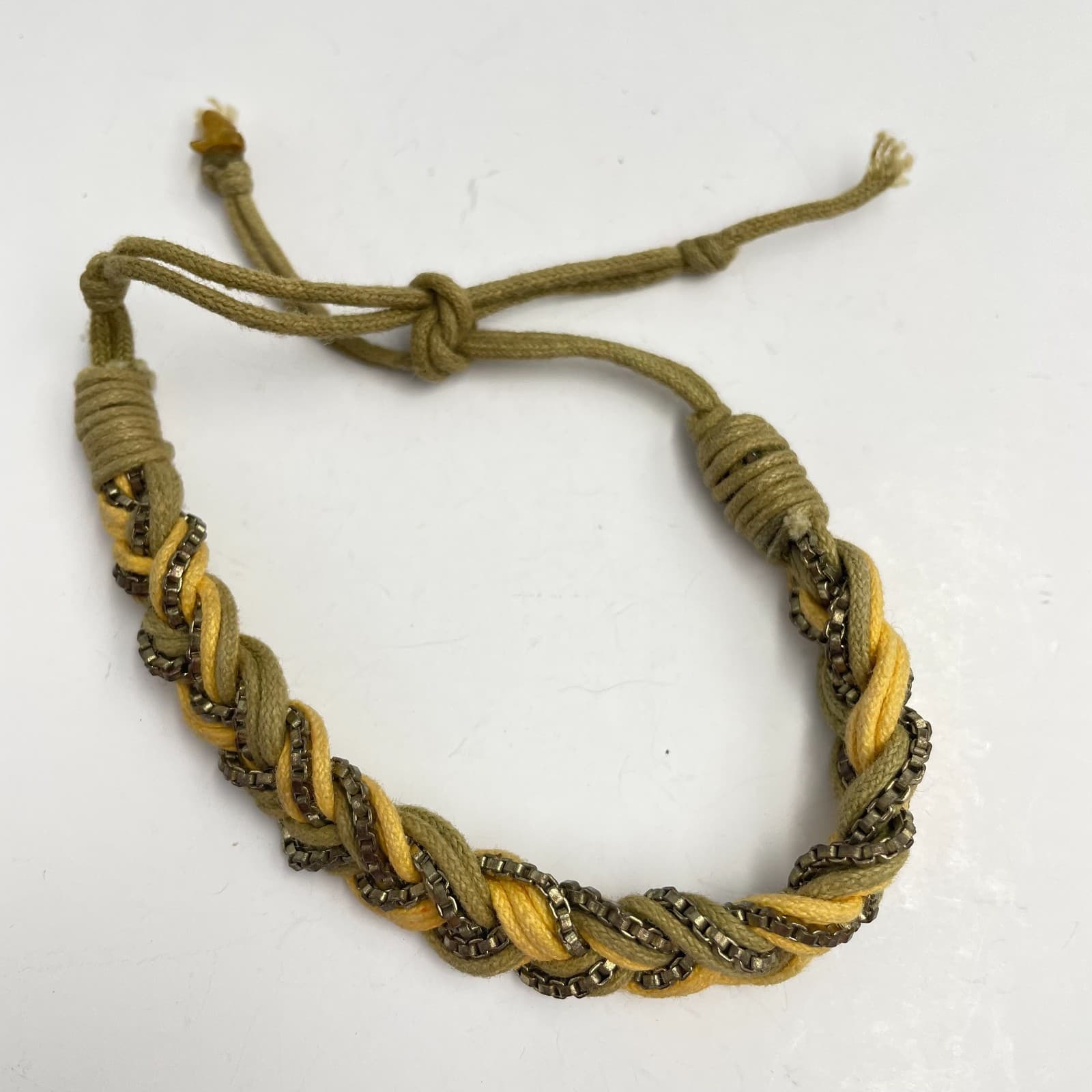 Vintage 90s Braided Cord Bracelet Metal Chain Boho Adjustable Fashion Jewelry - Image 1