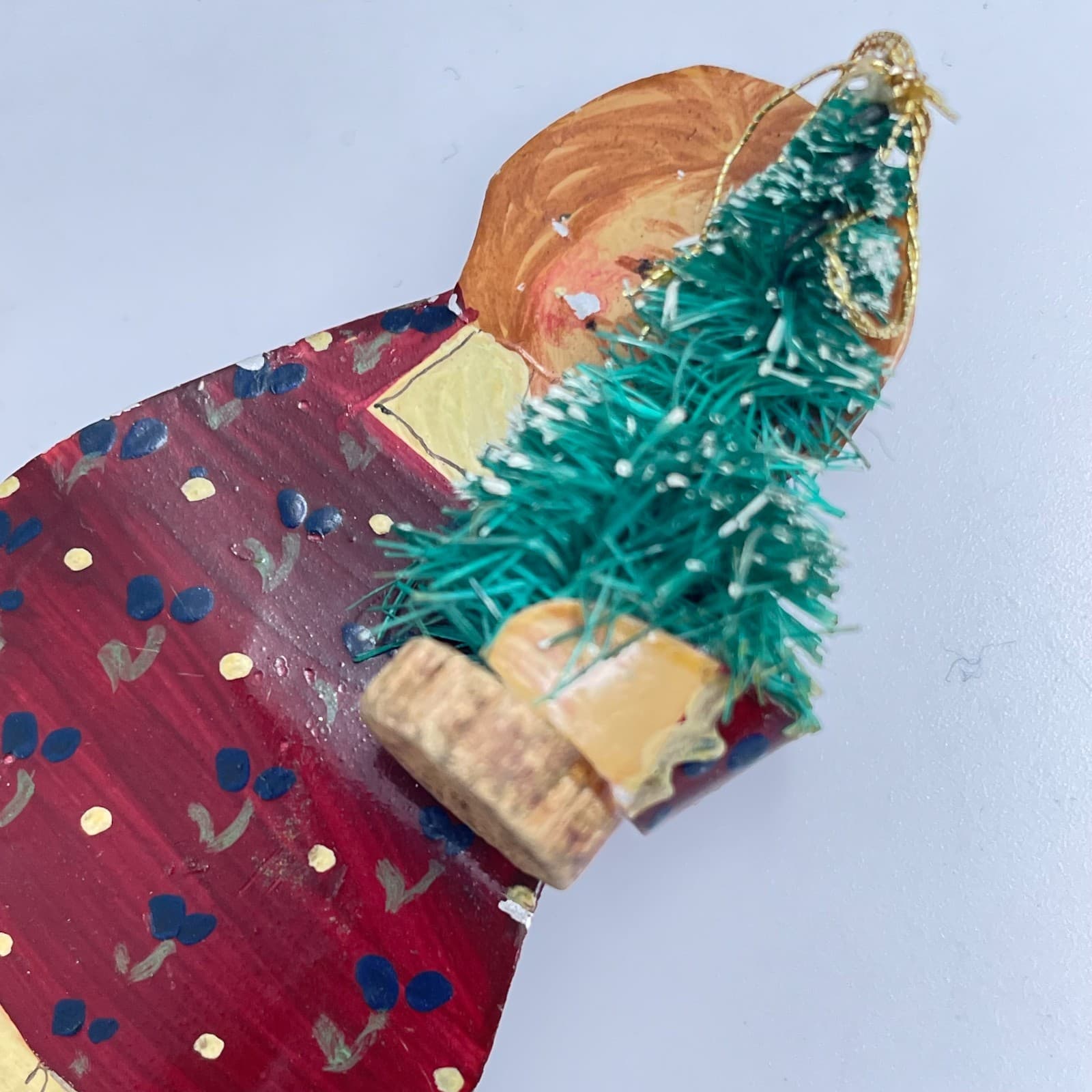 Vintage 90s Bottle Brush Tree Painted Girl Holiday Decor Brooch Pin Jewelry - Thumbnail 5