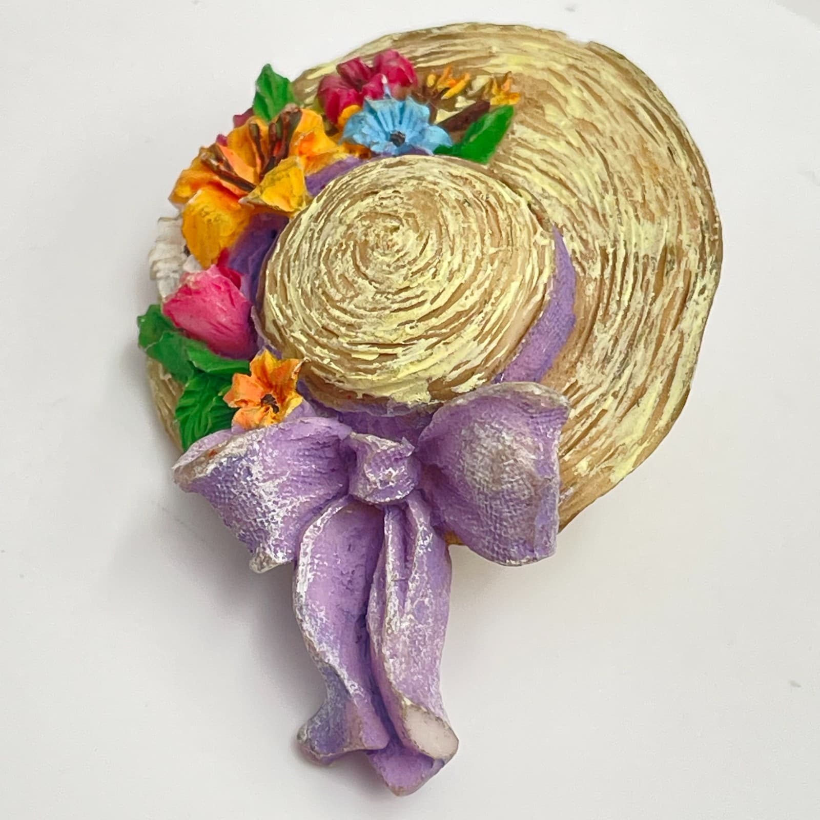Vintage 90s Garden Floral Straw Hat Lapel Pin Purple Ribbon Women's Jewelry - Thumbnail 5