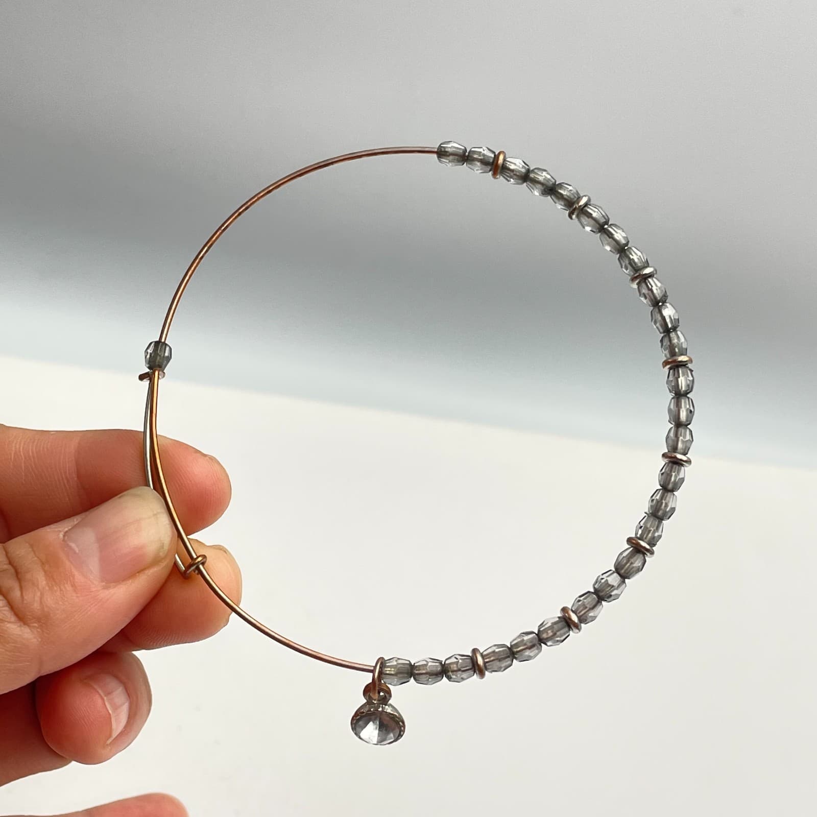 Vintage Y2K Silver Tone Bangle Bracelet Grey Glass Beaded Adjustable Jewelry - Thumbnail 5