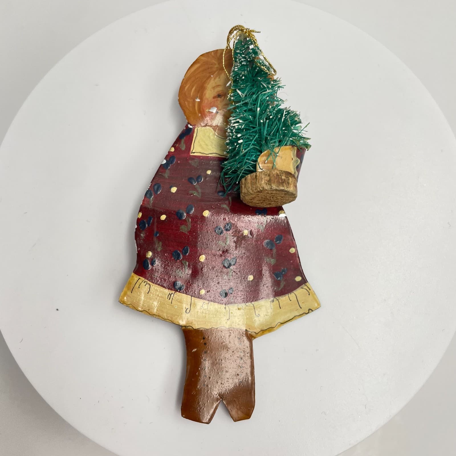 Vintage 90s Bottle Brush Tree Painted Girl Holiday Decor Brooch Pin Jewelry - Image 1