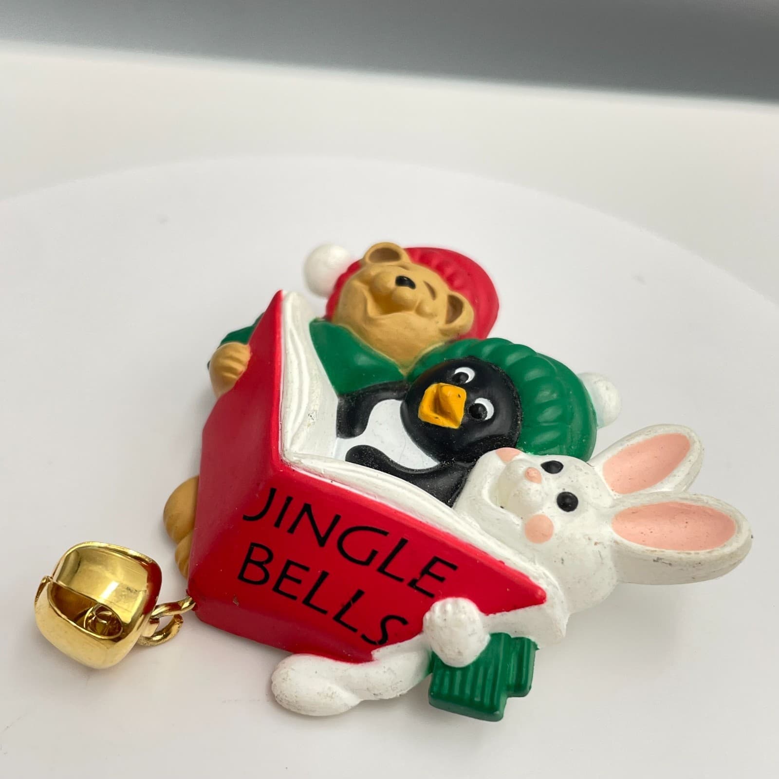 Vintage 90s Hallmark Christmas Jingle Bells Bear Penguin Bunny Book Brooch Pin - Thumbnail 3