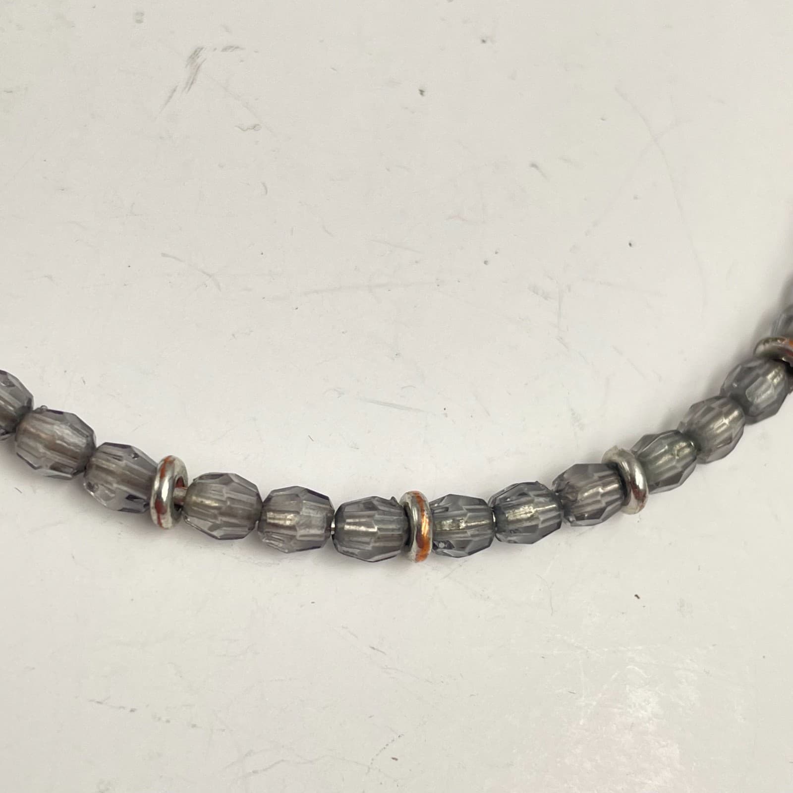 Vintage Y2K Silver Tone Bangle Bracelet Grey Glass Beaded Adjustable Jewelry - Thumbnail 2