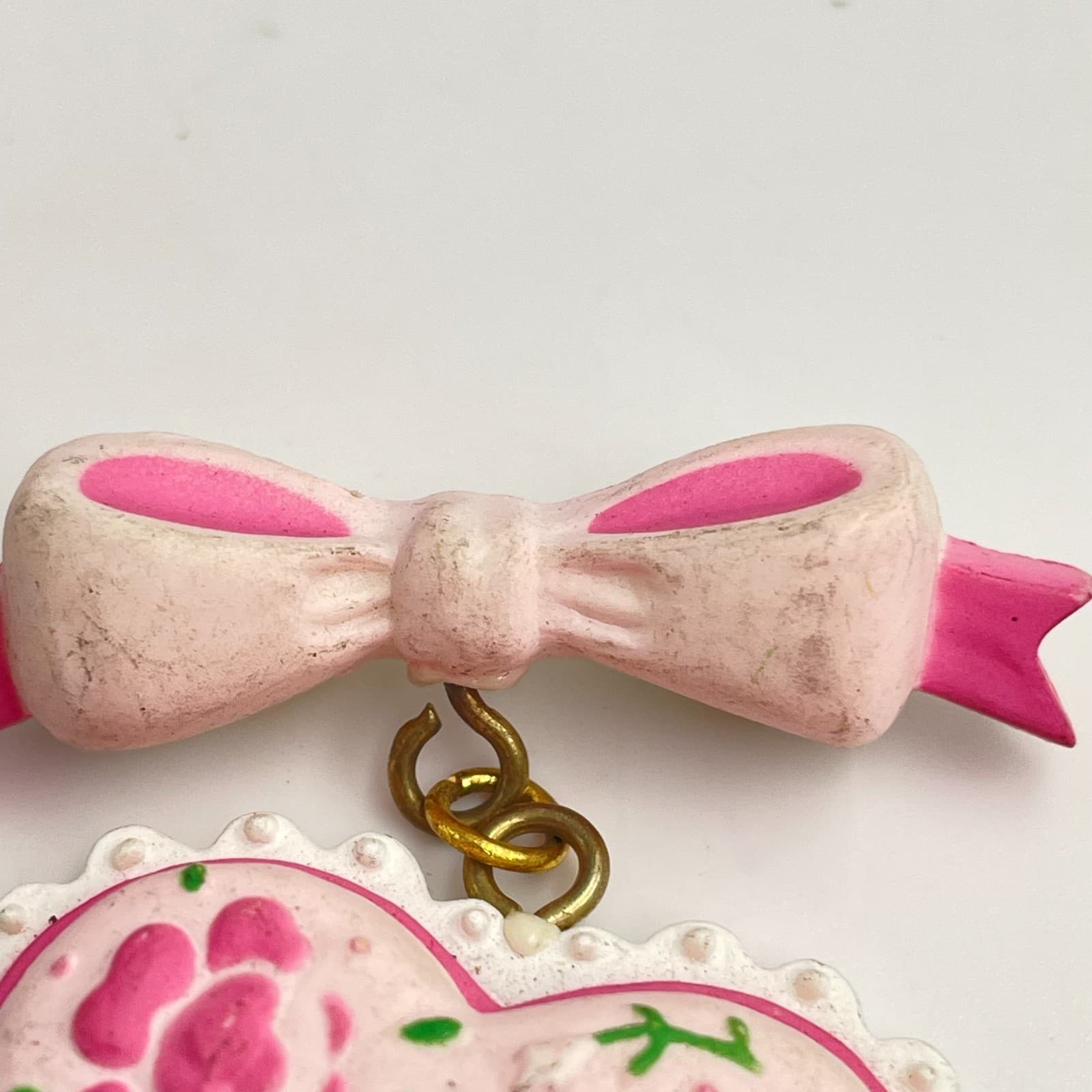 Vintage 90s Floral Heart Scalloped Edge Bow Brooch Pin Statement Women's Jewelry - Thumbnail 3
