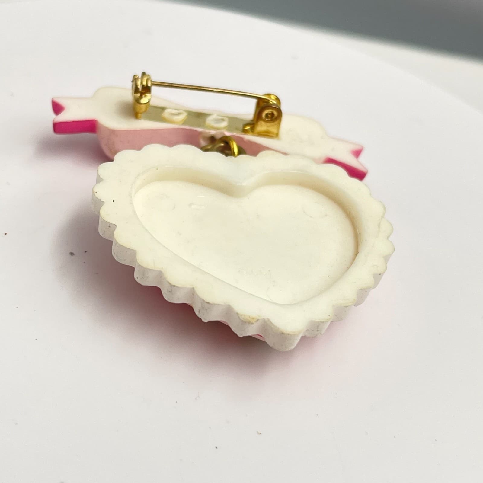 Vintage 90s Floral Heart Scalloped Edge Bow Brooch Pin Statement Women's Jewelry - Thumbnail 6