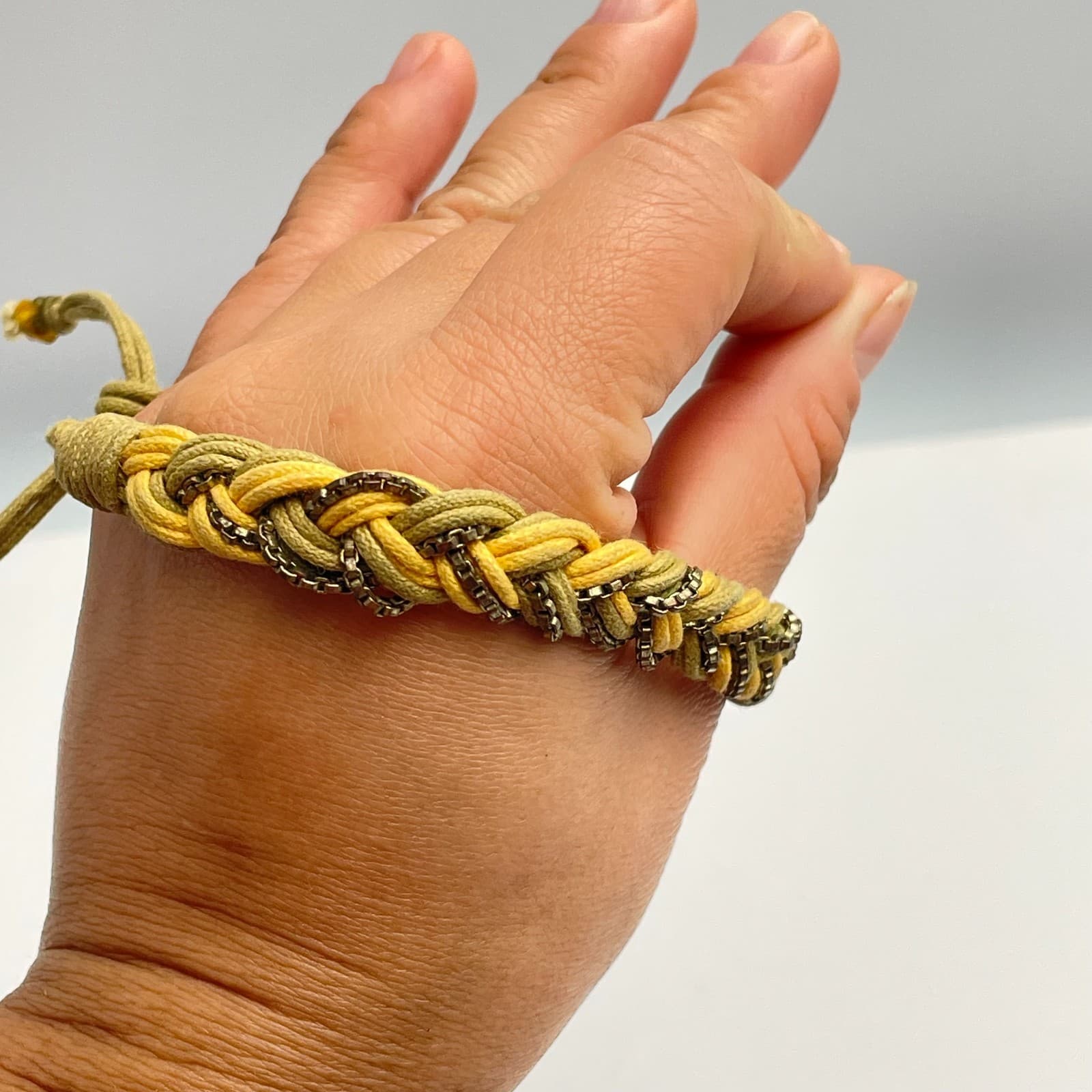 Vintage 90s Braided Cord Bracelet Metal Chain Boho Adjustable Fashion Jewelry - Thumbnail 9