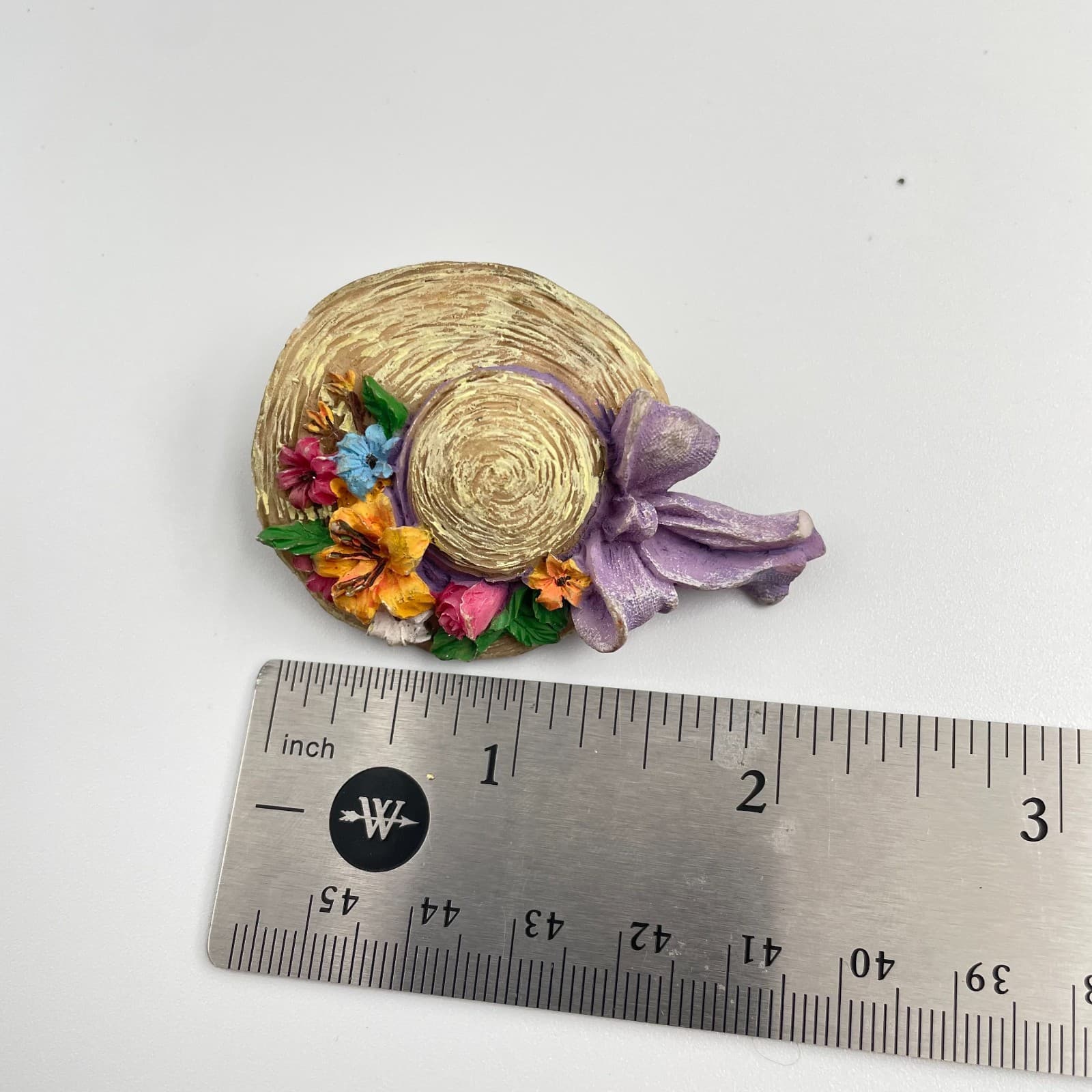 Vintage 90s Garden Floral Straw Hat Lapel Pin Purple Ribbon Women's Jewelry - Thumbnail 7