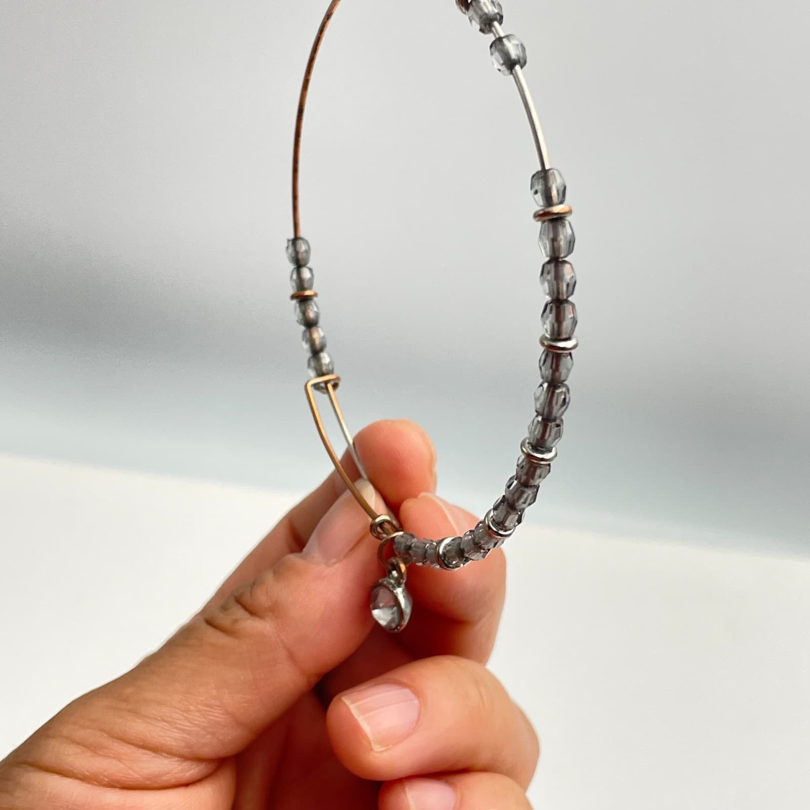 Vintage Y2K Silver Tone Bangle Bracelet Grey Glass Beaded Adjustable Jewelry - Thumbnail 6