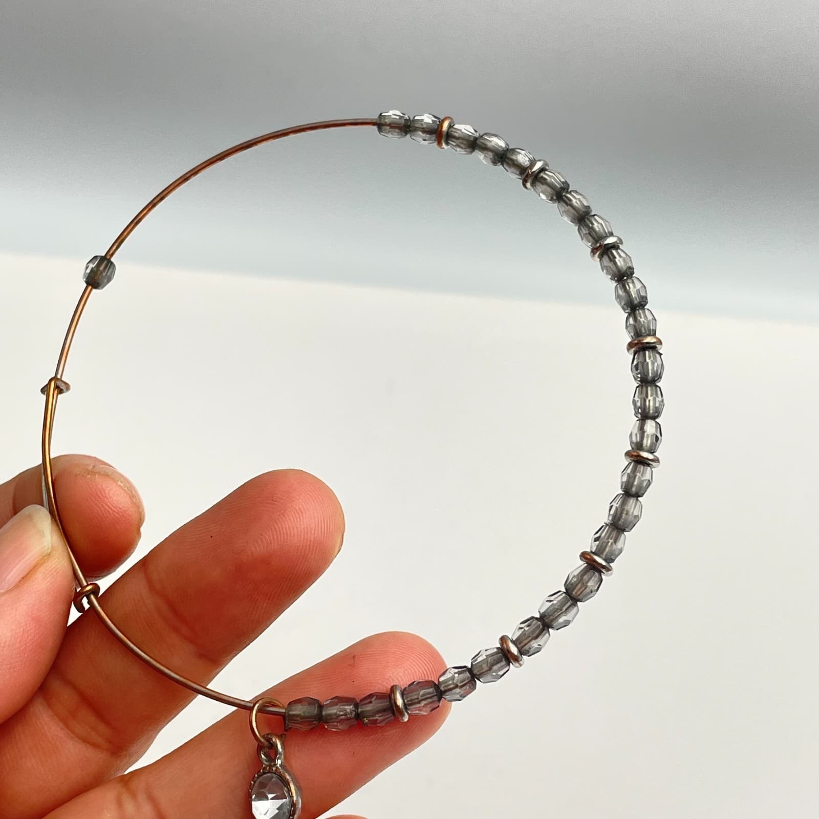 Vintage Y2K Silver Tone Bangle Bracelet Grey Glass Beaded Adjustable Jewelry - Thumbnail 3