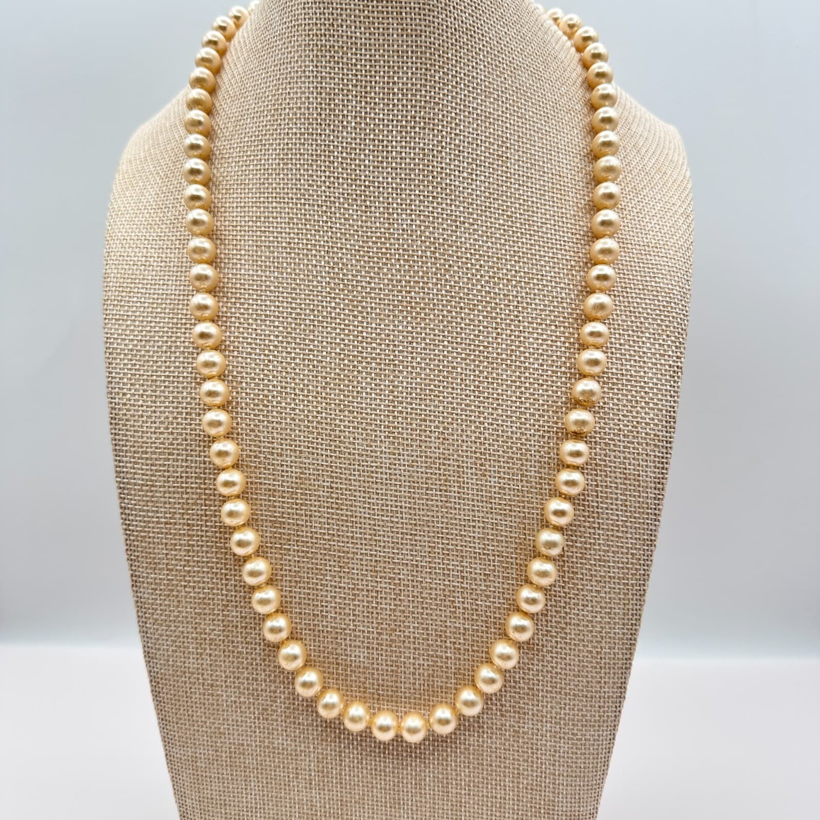 Vintage 90s Gold Tone Faux Pearl Knotted Strand Necklace Women's Classic Jewelry - Image 1
