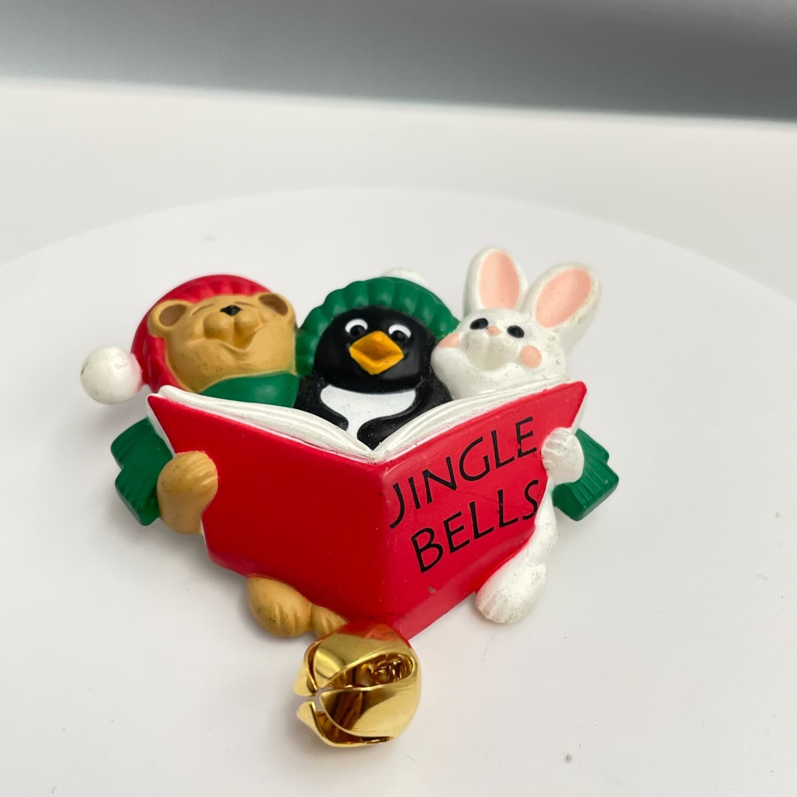 Vintage 90s Hallmark Christmas Jingle Bells Bear Penguin Bunny Book Brooch Pin - Thumbnail 2