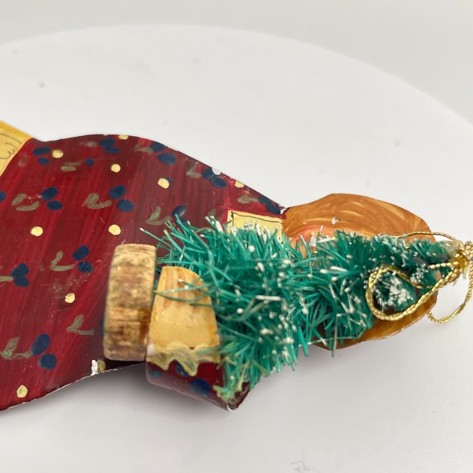 Vintage 90s Bottle Brush Tree Painted Girl Holiday Decor Brooch Pin Jewelry - Thumbnail 4