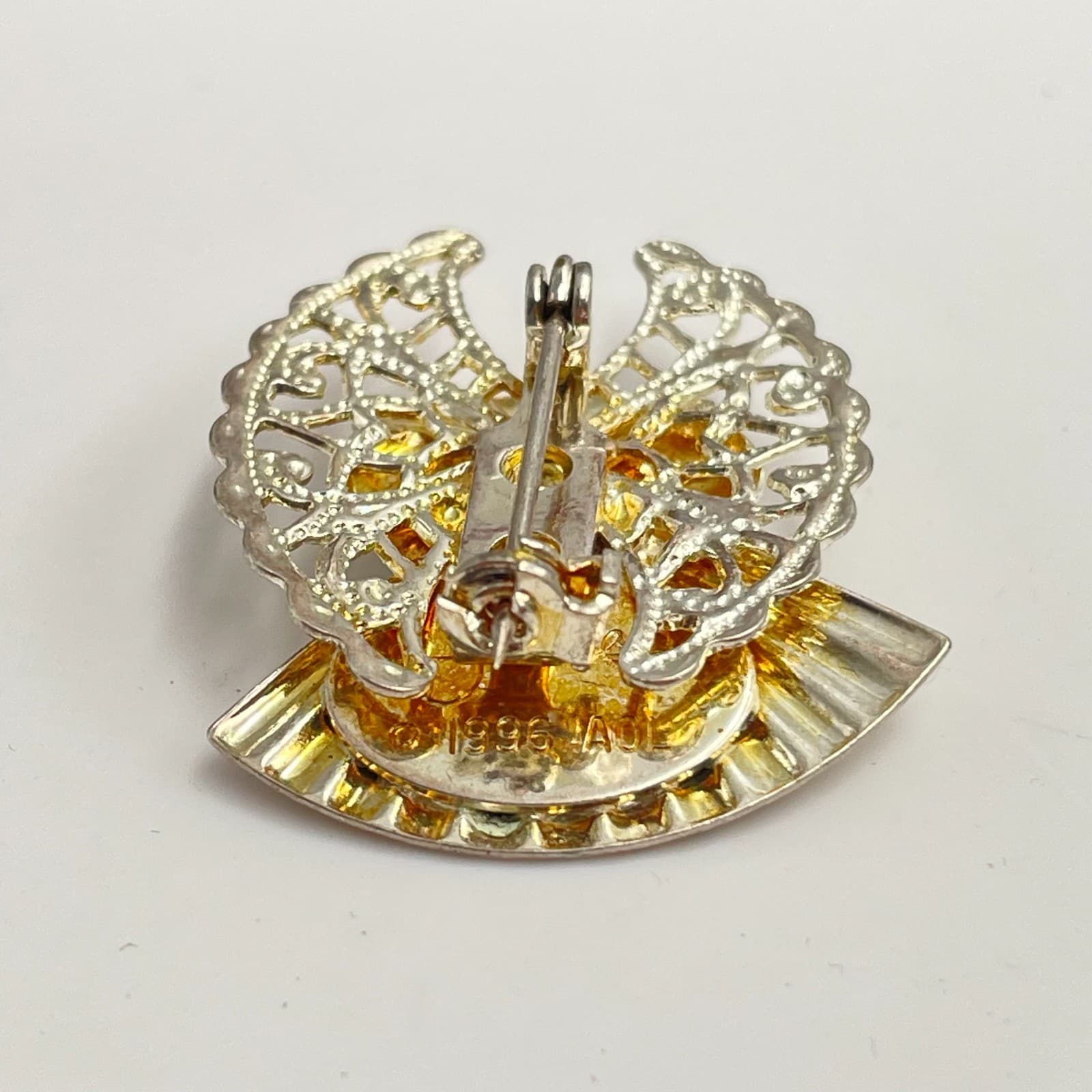 Vintage 90s AOL Silver Tone Faux Pearl Filigree Wings Angel Brooch Pin Jewelry - Thumbnail 6