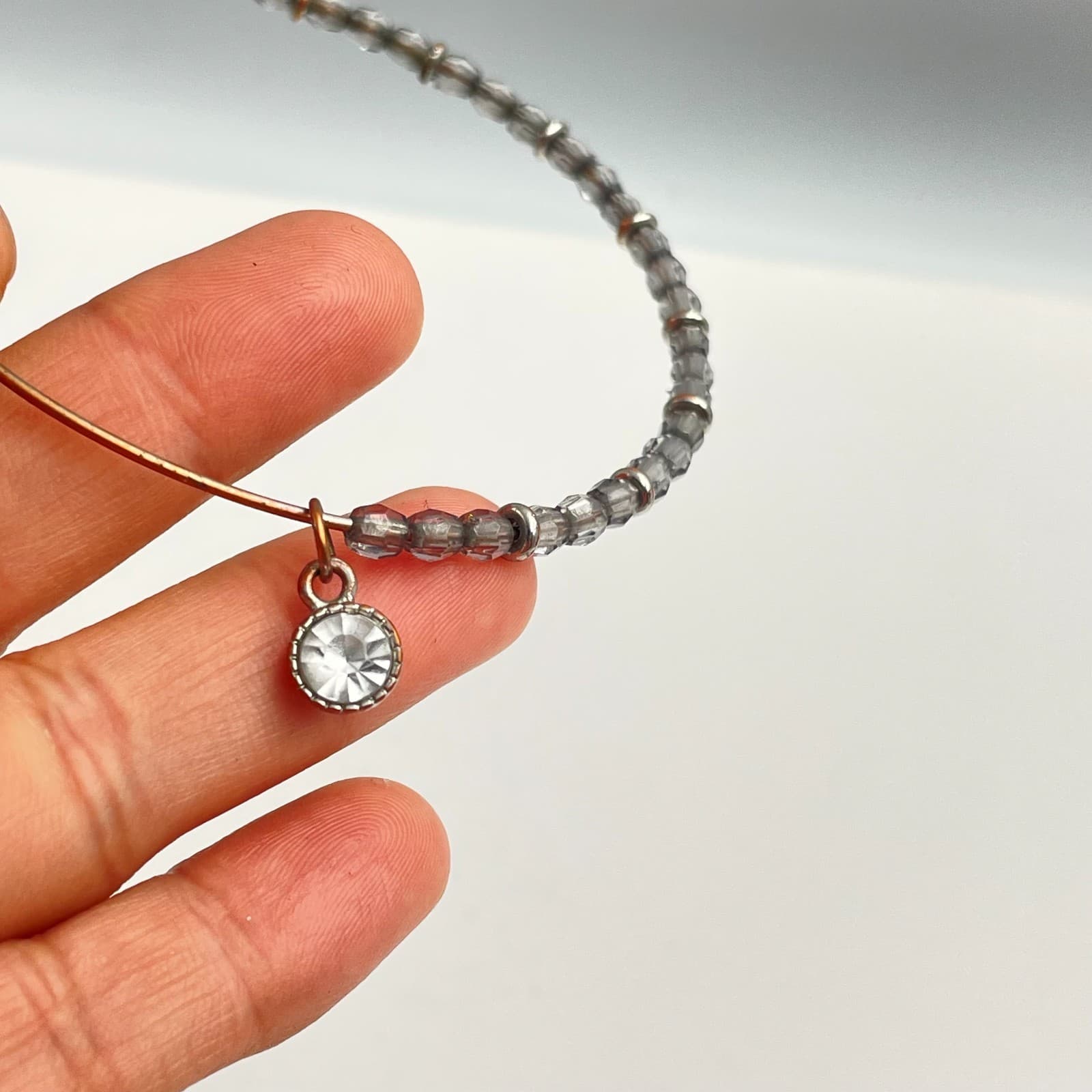 Vintage Y2K Silver Tone Bangle Bracelet Grey Glass Beaded Adjustable Jewelry - Thumbnail 4