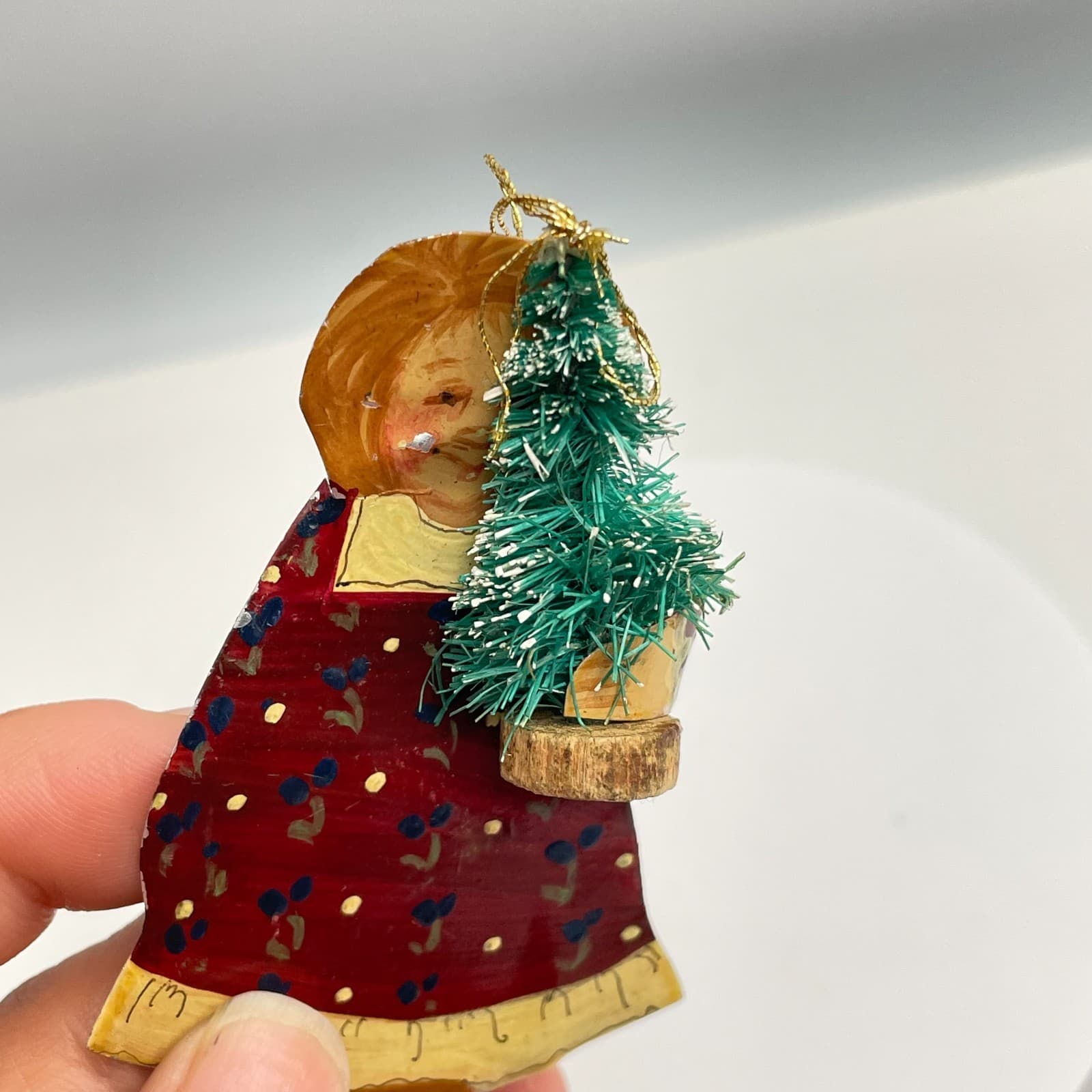 Vintage 90s Bottle Brush Tree Painted Girl Holiday Decor Brooch Pin Jewelry - Thumbnail 6